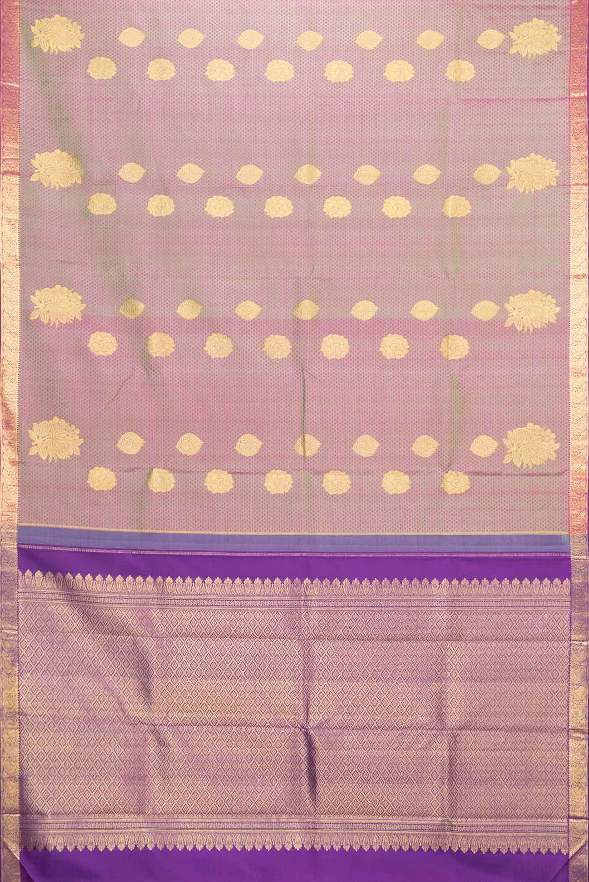 Flat view of Light Green Dual Tone Kanchipuram Silk Saree with Jacquard With Zari Butta on the body and Zari Border