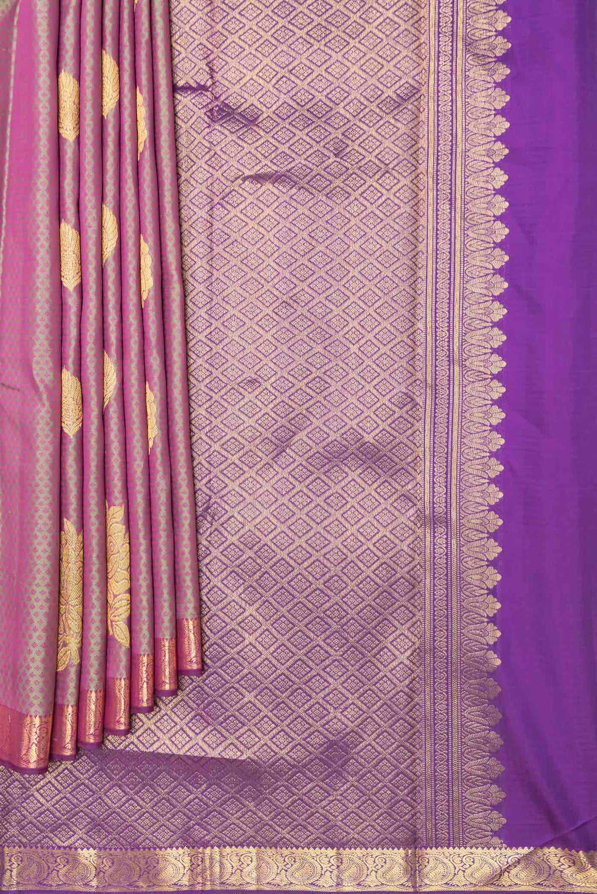 Pleats and pallu of Light Green Dual Tone Kanchipuram Silk Saree with Jacquard With Zari Butta on the body and Zari Border