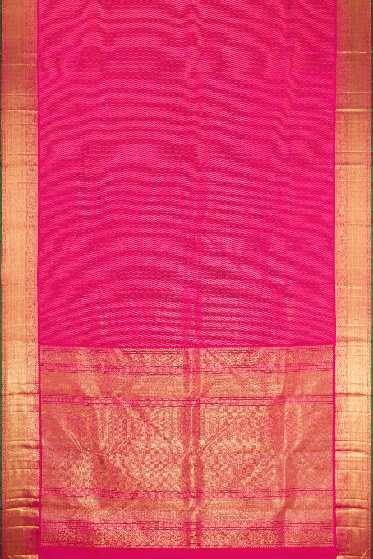 Flat view of Pure Silk Pure Zari Pink Dual Tone Kanjivaram Saree with Zari Brocade on the body and Zari Border. 