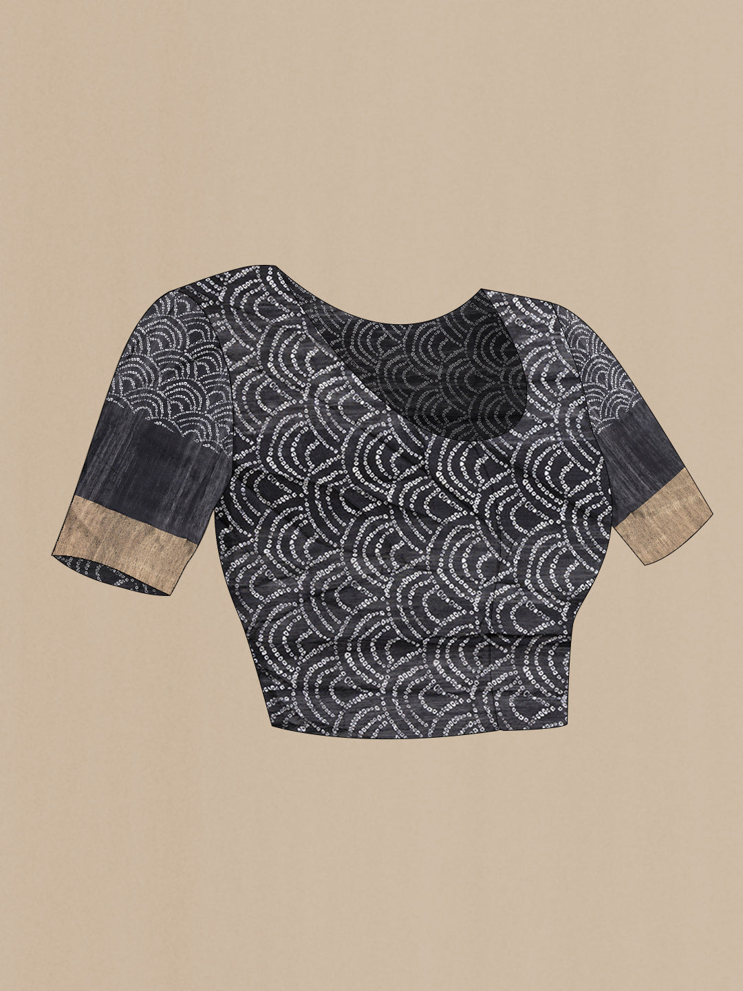 Close up image of the blouse of Black Dual Tone Tussar Silk Saree with Printed design on the body and Zari Border. 