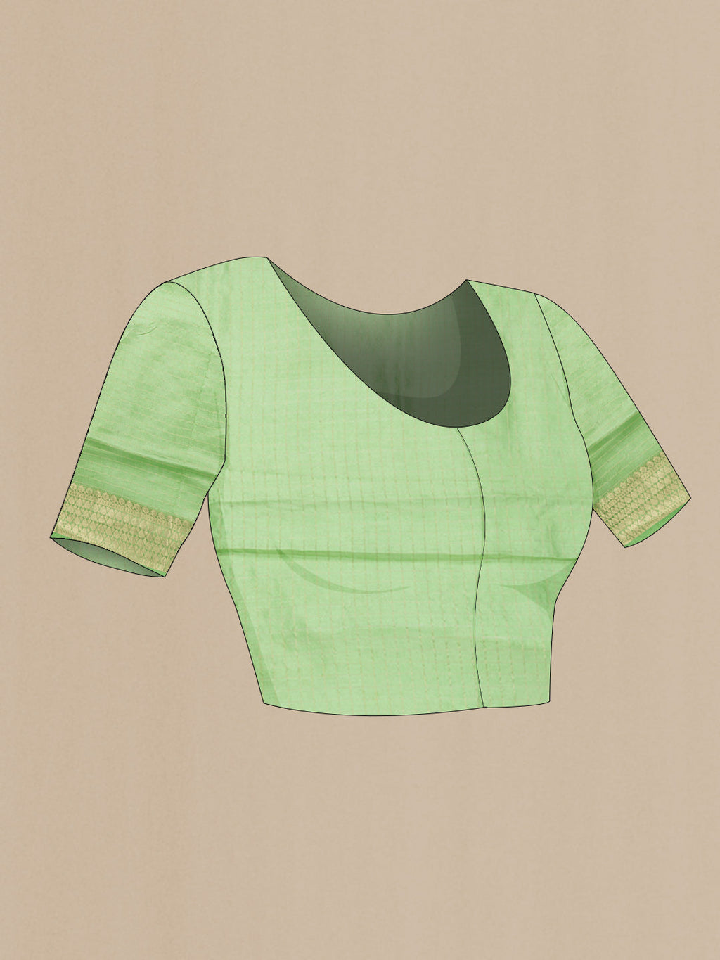 Close up image of the blouse of Light Green Dual Tone Organza Silk Saree with Embroidery on the body and Zari Border. 
