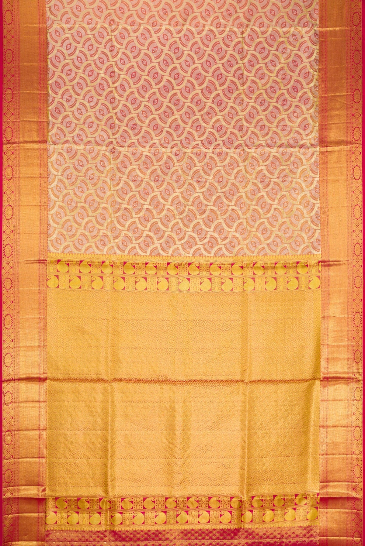 Flat view of Gold Dual Tone Kanchipuram Tissue Silk Saree with Zari Brocade on the body and Zari Border. 
