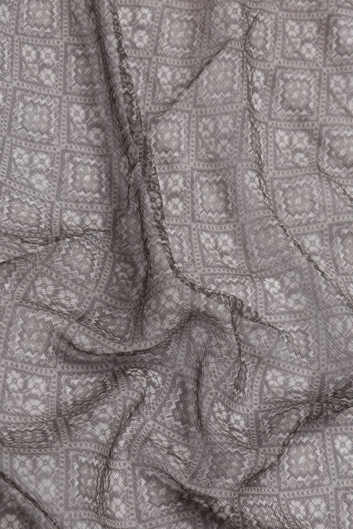 Close up of Grey Dual Tone Chiffon Saree with Printed design on the body and Thin Zari Line.  displaying folds