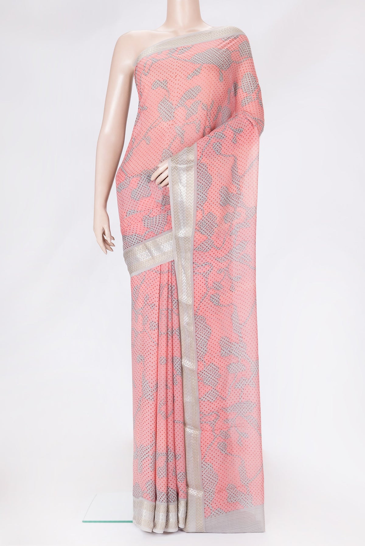 Pink Dual Tone Mysore Georgette Saree with Printed design on the body and Zari Border.  displayed on a mannequin