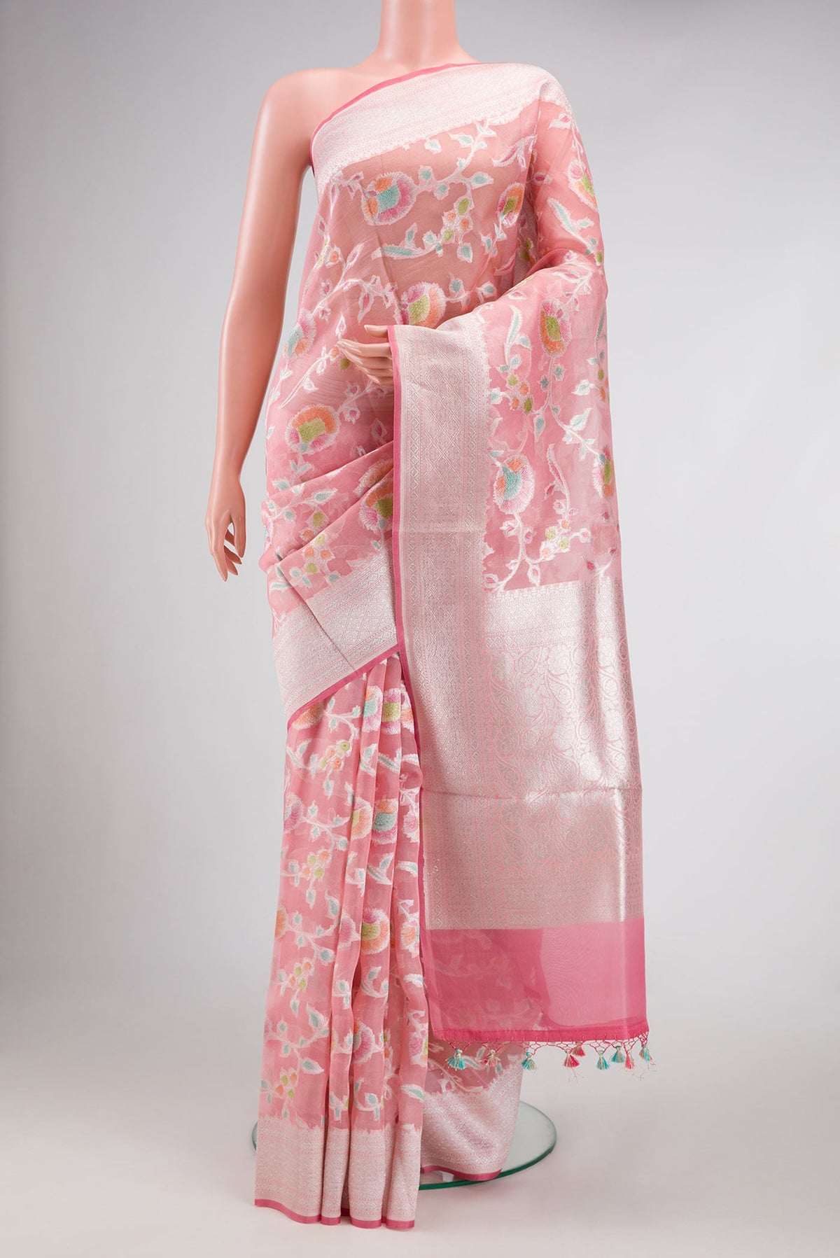 Pink Dual Tone Organza Silk Saree with Zari Brocade on the body and Zari Border.  displayed on a mannequin