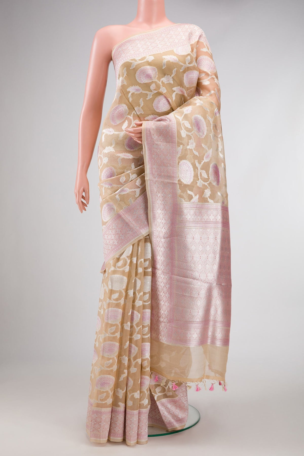 Sandal Dual Tone Organza Silk Saree with Zari Brocade on the body and Zari Border.  displayed on a mannequin