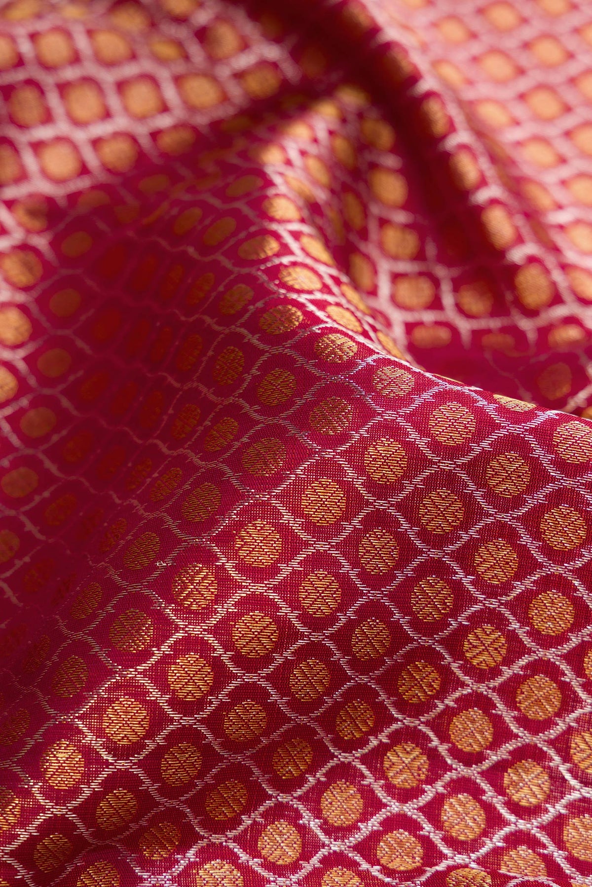 Close up of Maroon Dual Tone Kanchipuram Silk Saree with Zari Brocade on the body and Zari Border.  displaying folds
