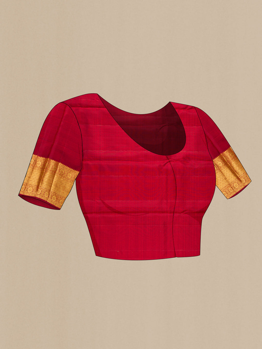Close up image of the blouse of Maroon Kanchipuram Silk Saree with Zari Brocade on the body and Zari Border. 