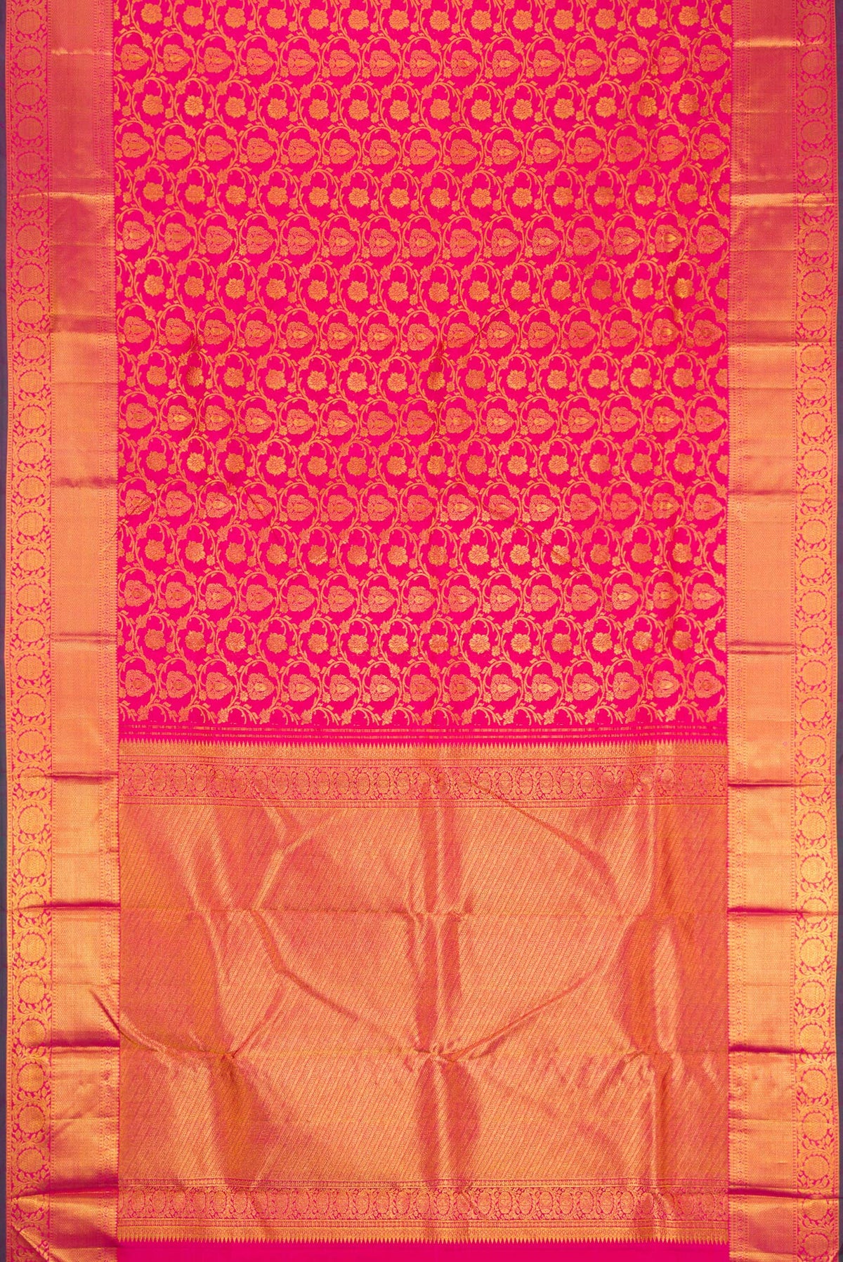 Flat view of Pink Dual Tone Kanjivaram Silk Saree with Zari Brocade on the body and Zari Border. 