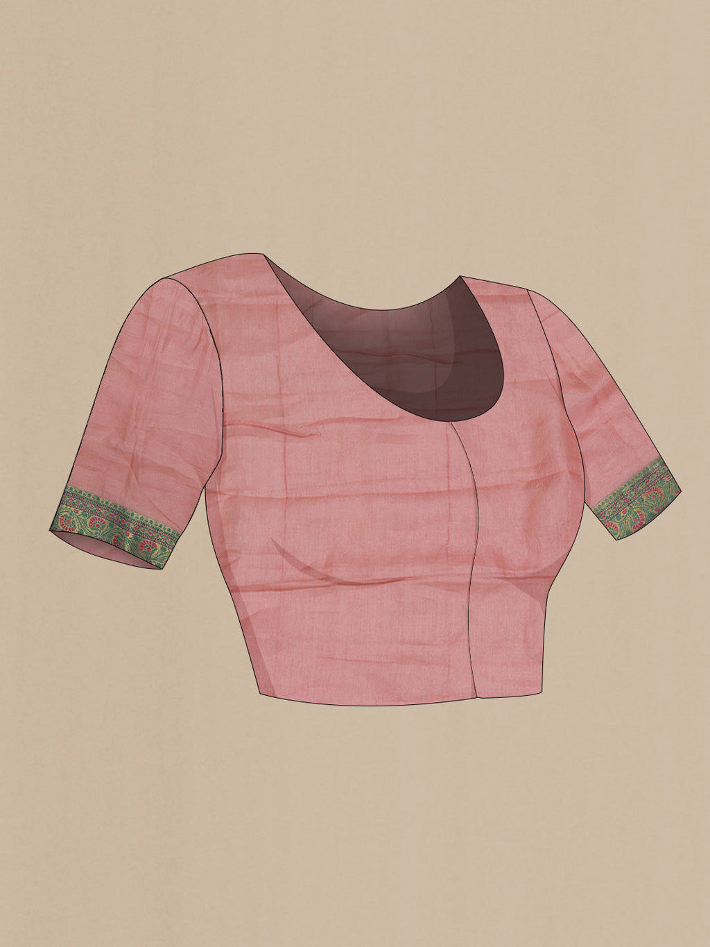 Close up image of the blouse of Pink Dual Tone Tussar Saree with Printed design on the body and Zari And Thread Border