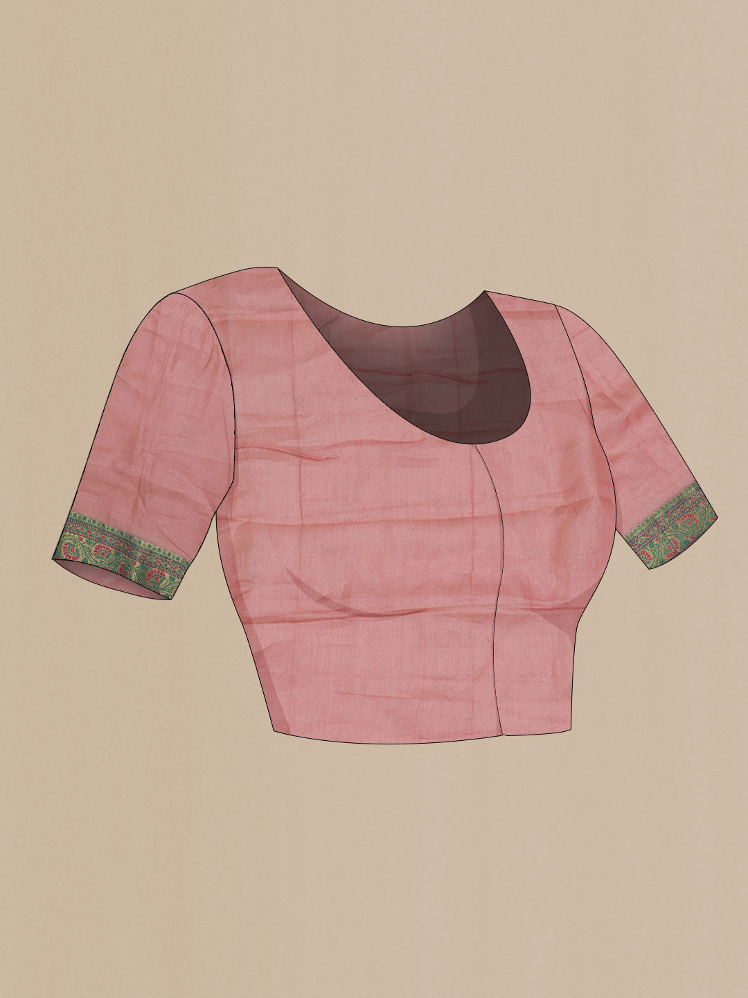 Close up image of the blouse of Pink Dual Tone Tussar Saree with Printed design on the body and Zari And Thread Border
