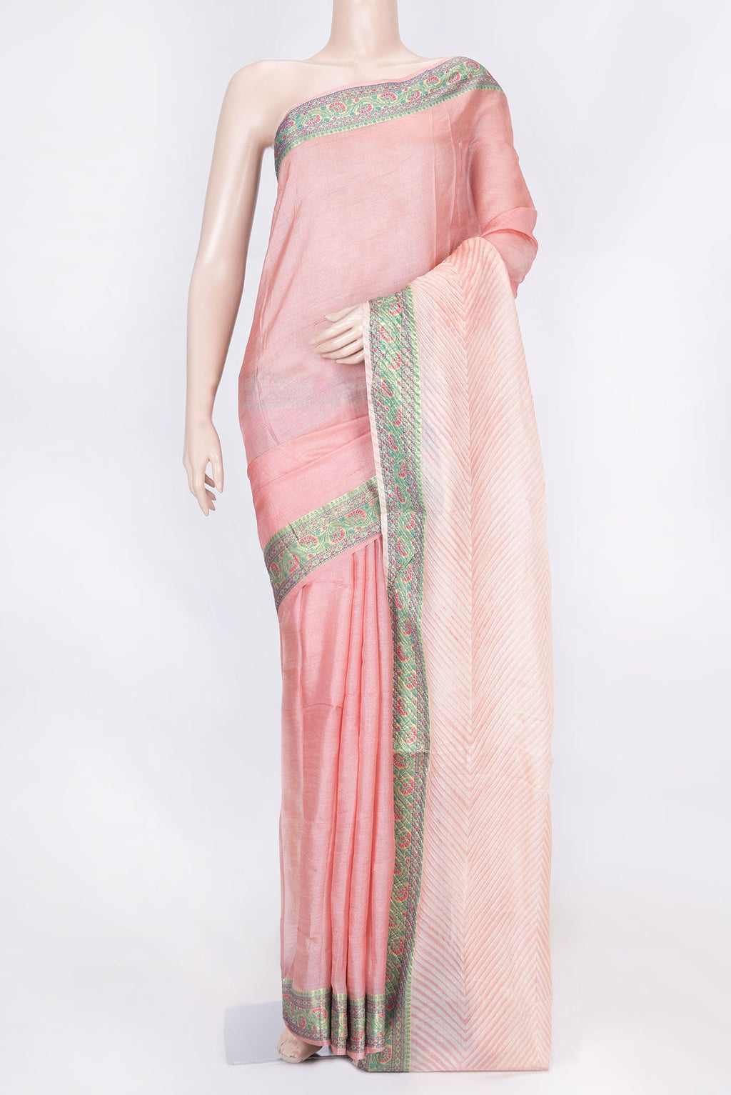 Pink Dual Tone Tussar Saree with Printed design on the body and Zari And Thread Border displayed on a mannequin