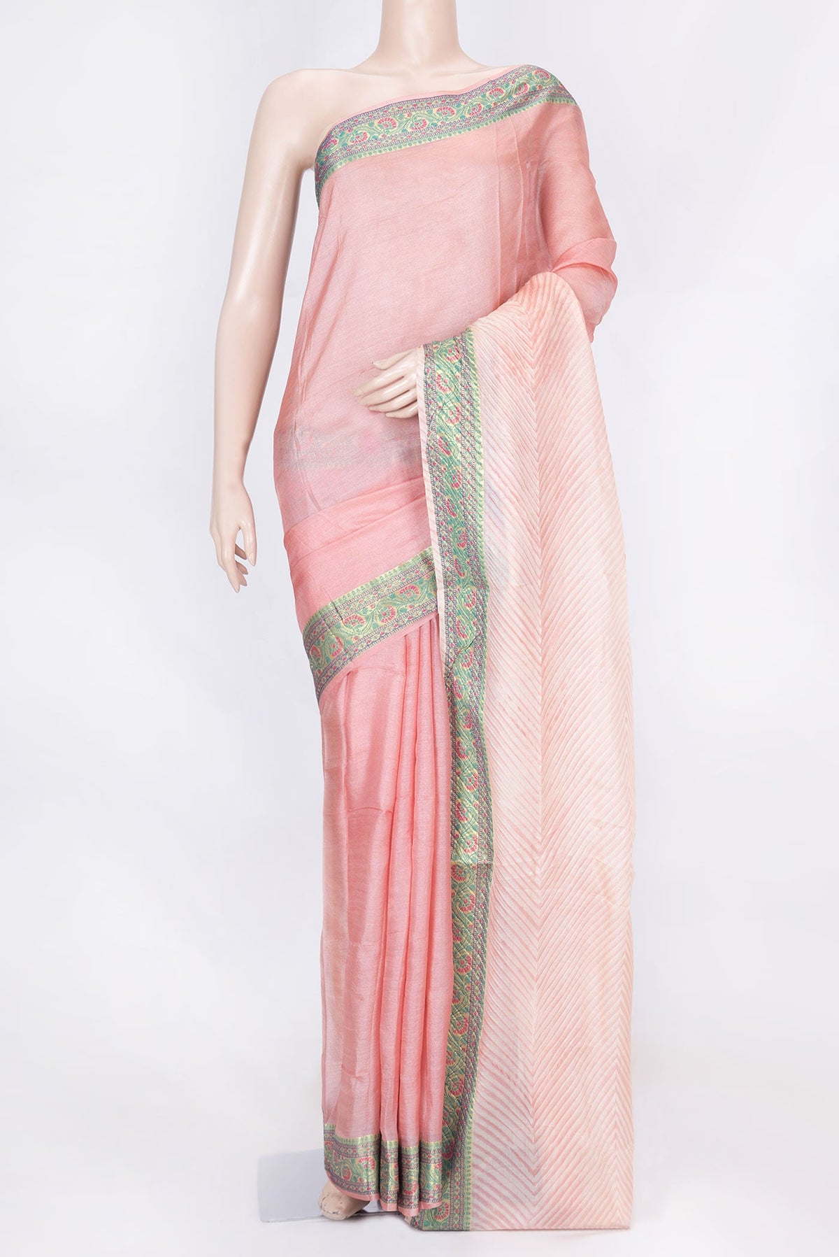 Pink Dual Tone Tussar Saree with Printed design on the body and Zari And Thread Border displayed on a mannequin