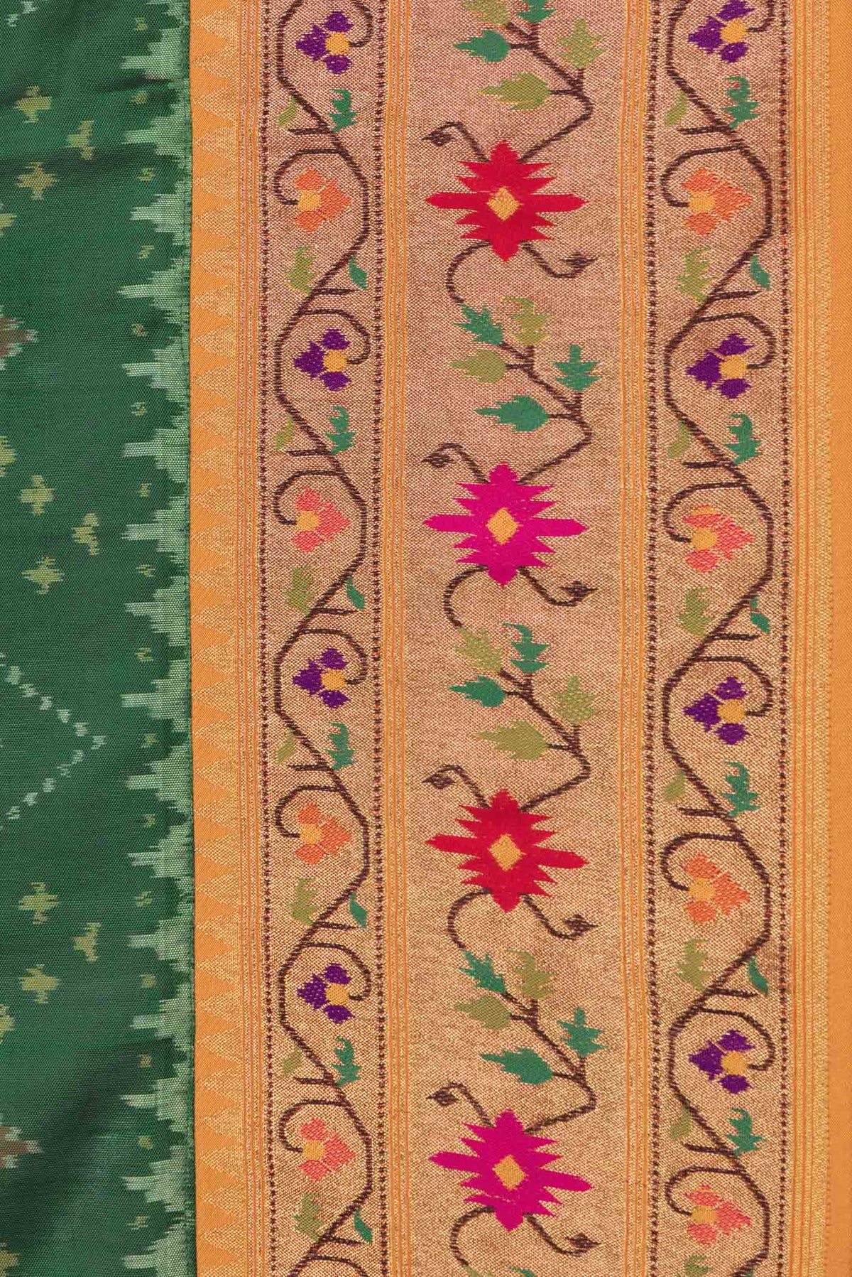 Border image of Green Dual Tone Double Ikat Saree with Ikat Print on the body and Zari And Thread Border. 