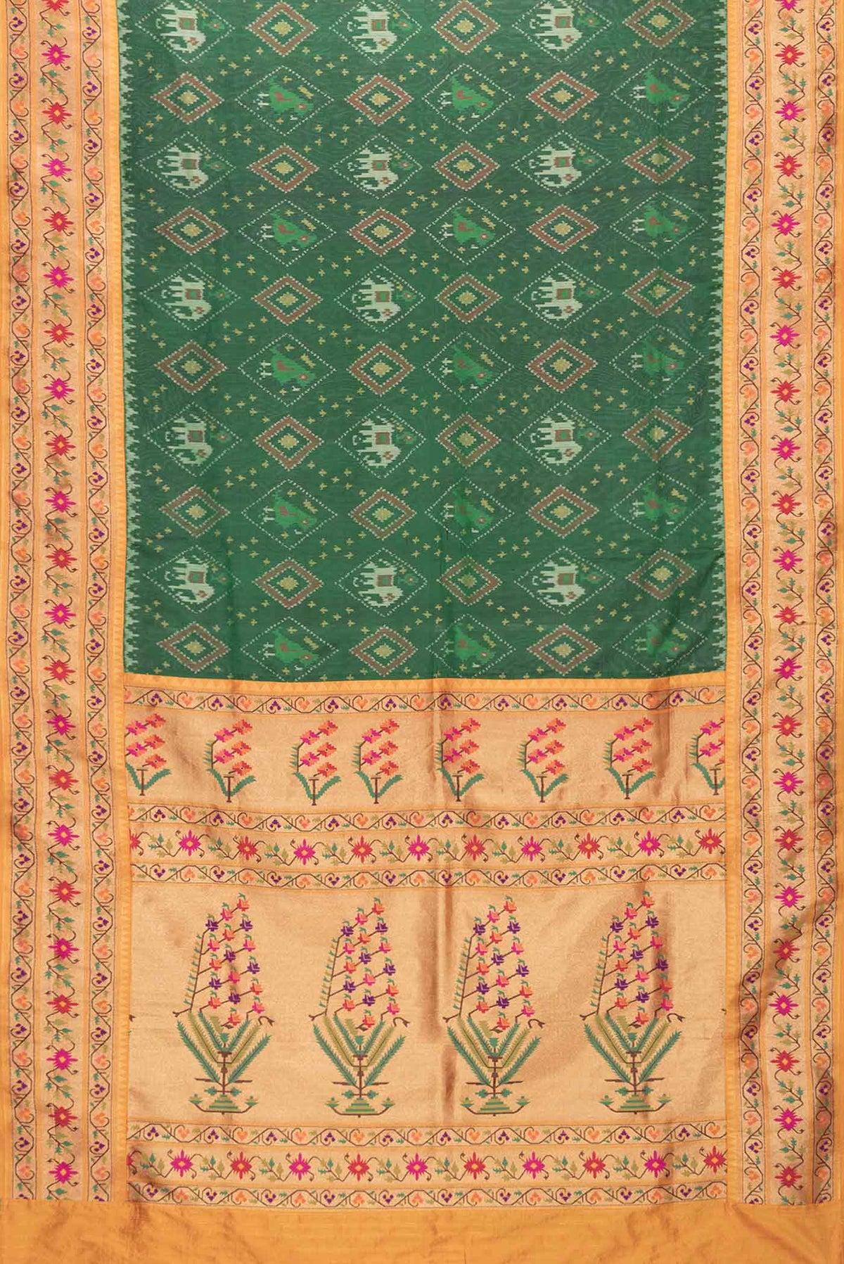 Flat view of Green Dual Tone Double Ikat Saree with Ikat Print on the body and Zari And Thread Border. 