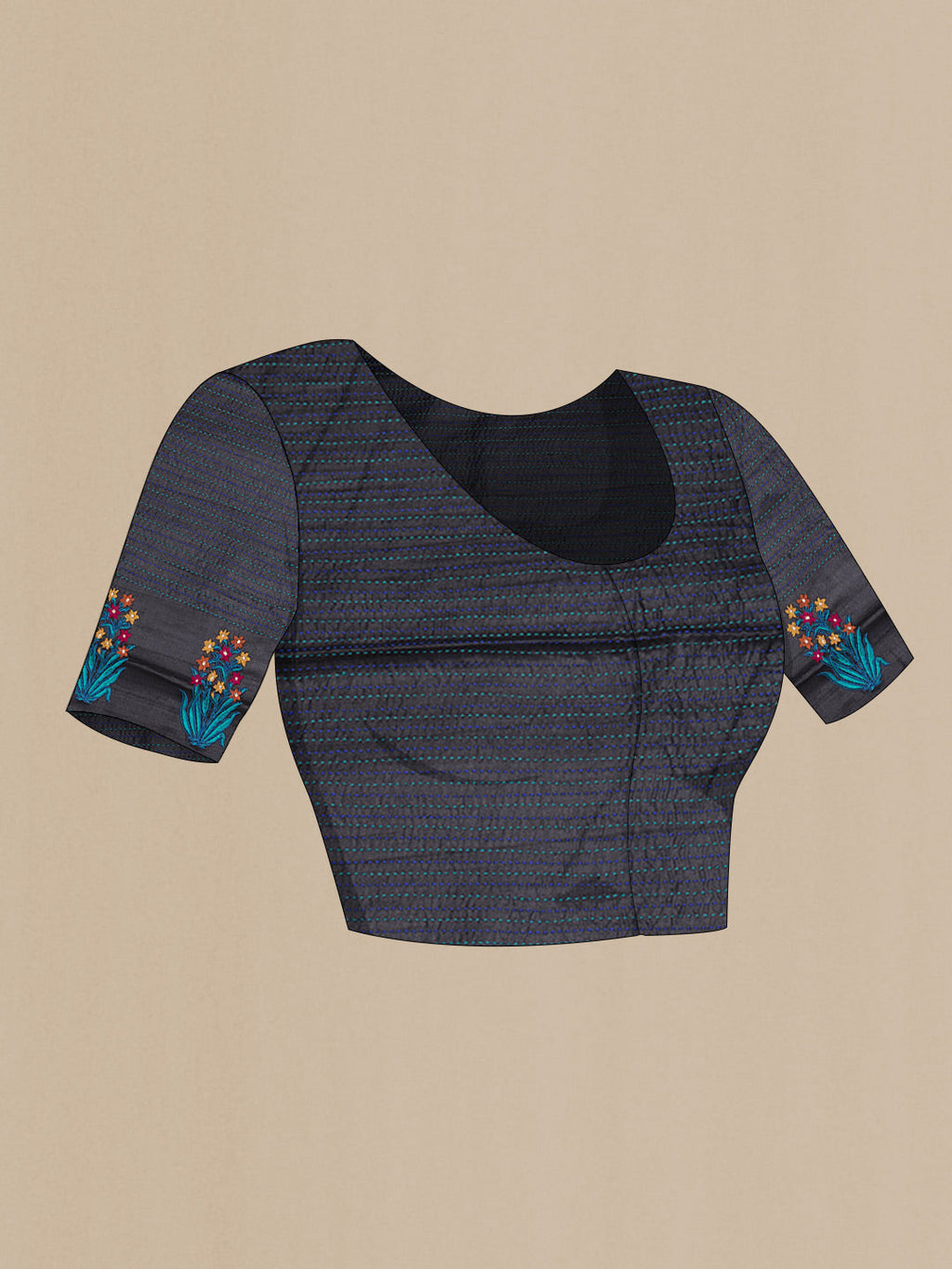 Close up image of the blouse of Black Tussar Silk Saree with Embroidery on the body and Embroidery Border