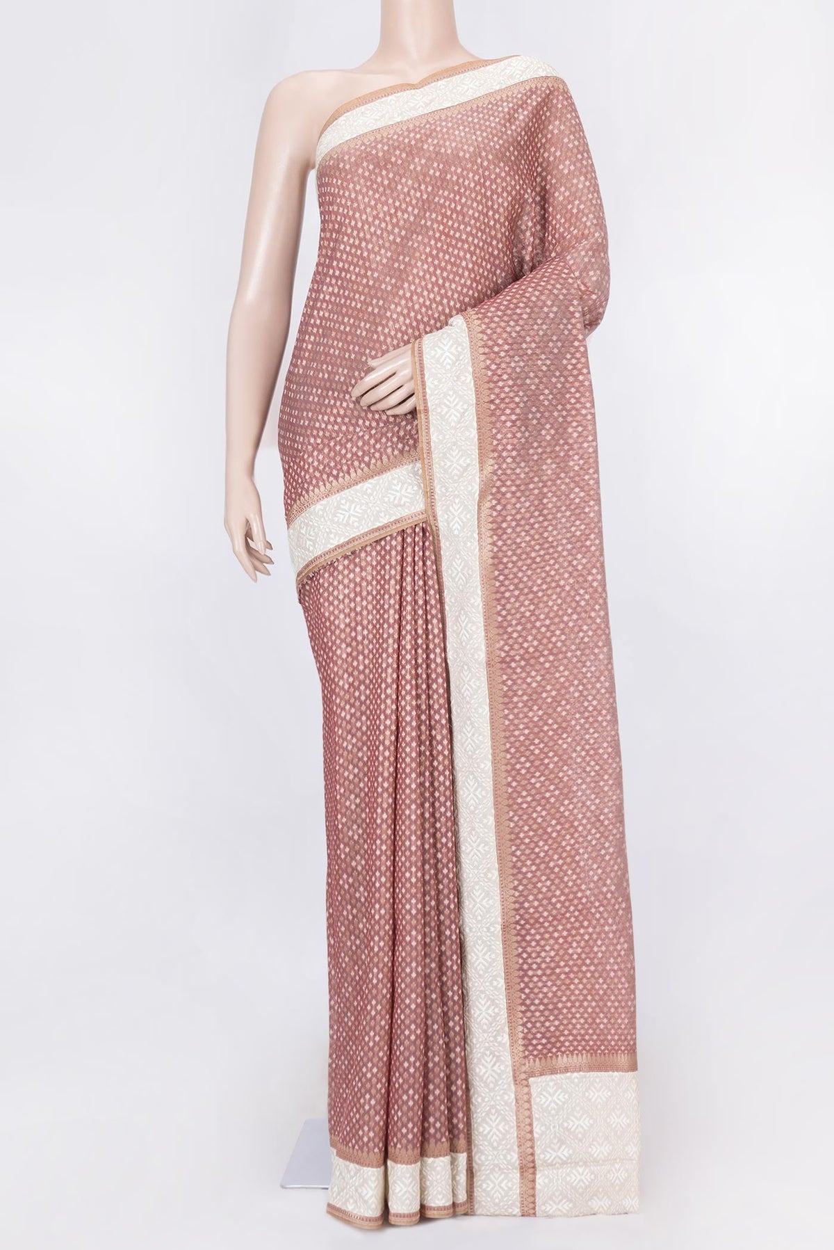 Mauve Dual Tone Chanderi Silk Saree with Zari Brocade on the body and Embroidery Border displayed on a mannequin