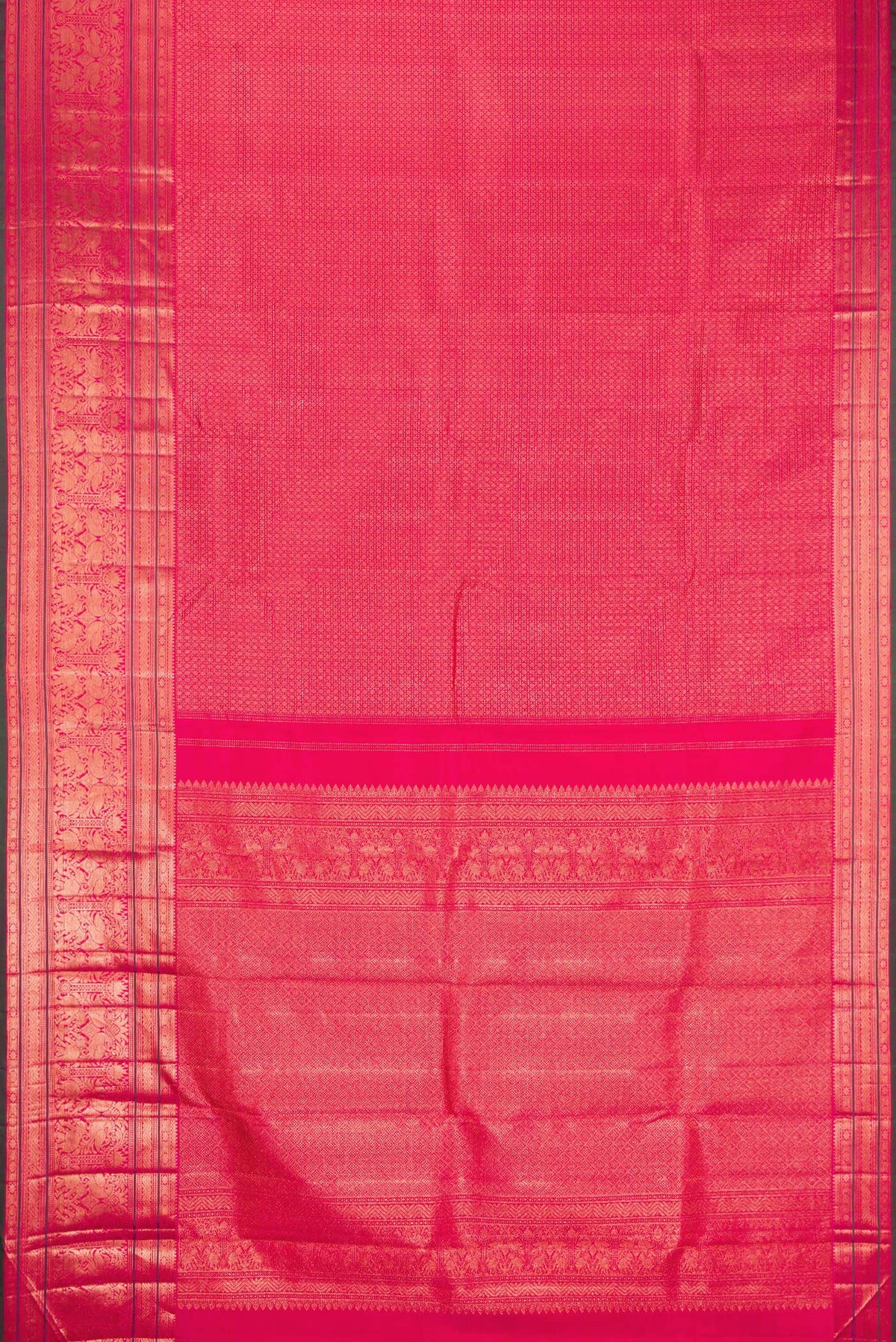 Flat view of Pink Dual Tone Kanchipuram Silk Saree with Zari Brocade on the body and Zari Border. 