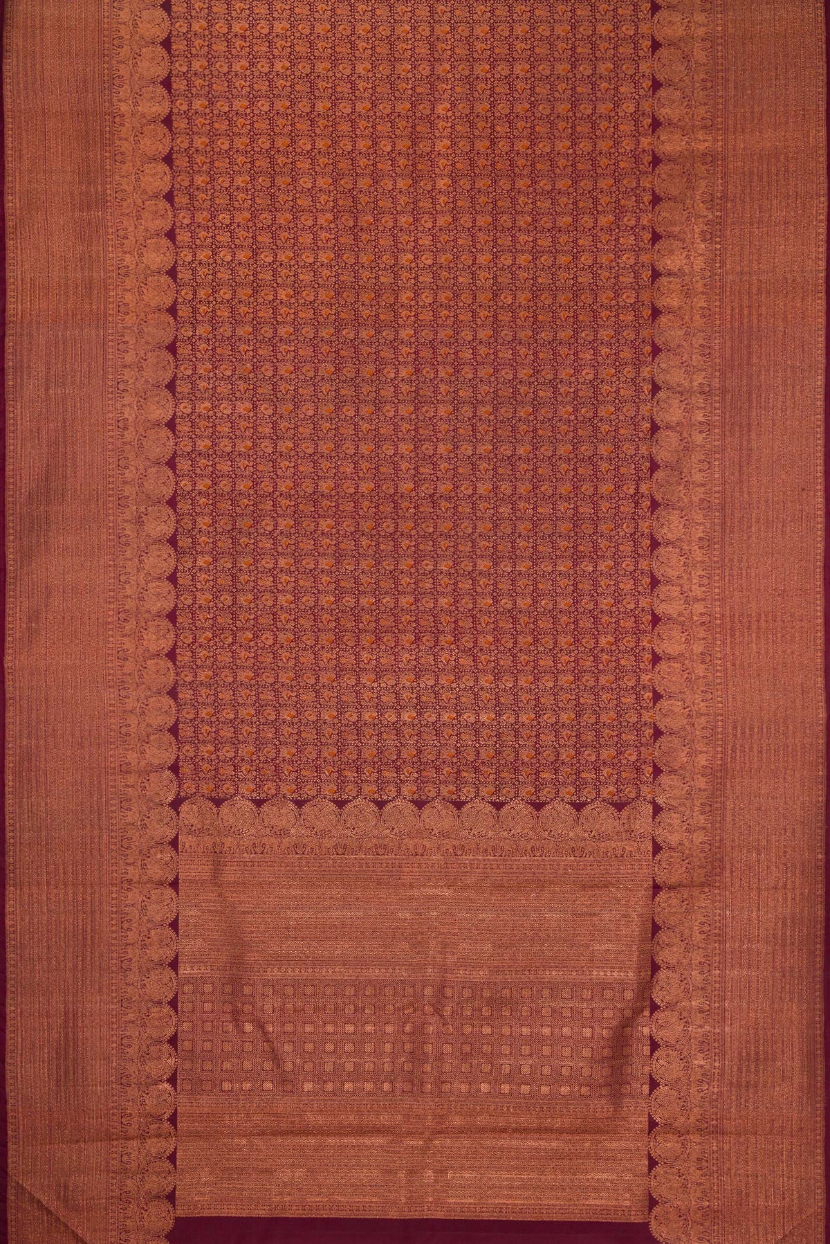 Flat view of Coffee Brown Dual Tone Kanchipuram Silk Saree with Zari Brocade on the body and Fancy Border. 