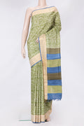 Green Dual Tone Tussar Silk Saree with Printed design on the body and Zari Border.  displayed on a mannequin