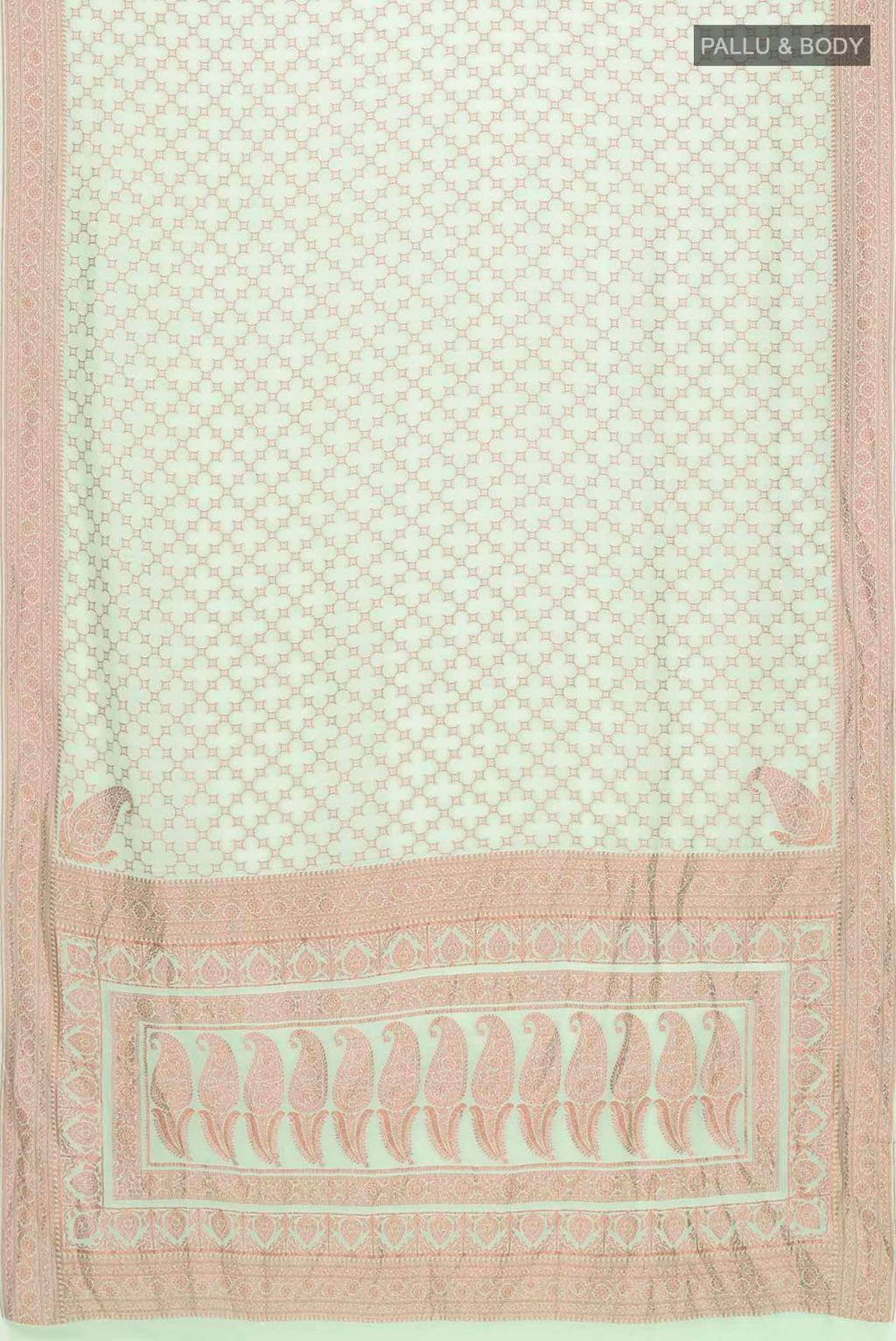 Flat view of Green Banarasi Georgette Saree with Zari Butta on the body and Zari Border