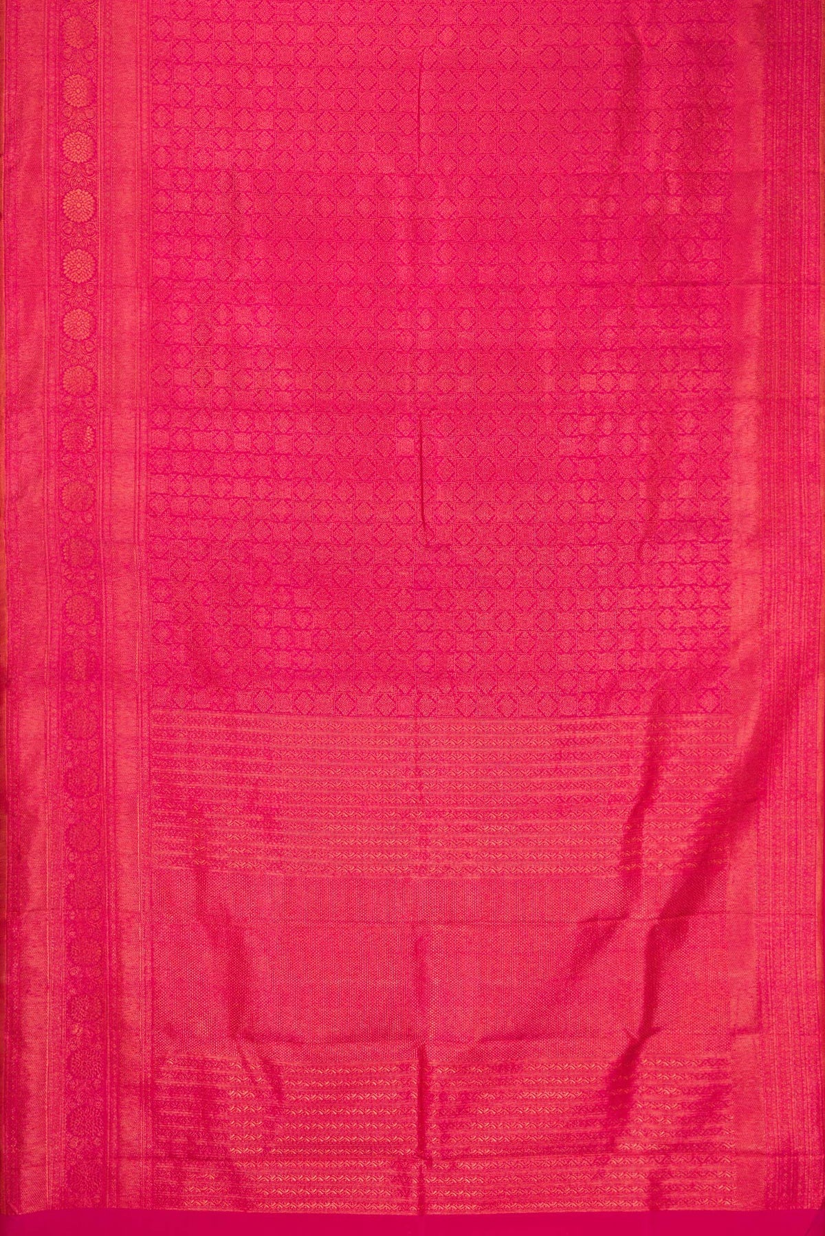 Flat view of Pink Dual Tone Kanjivaram Silk Saree with Zari Brocade on the body and Zari Border. 