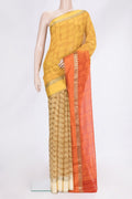 Yellow Dual Tone Mysore Georgette Saree with Printed design on the body and Zari And Thread Border.  displayed on a mannequin