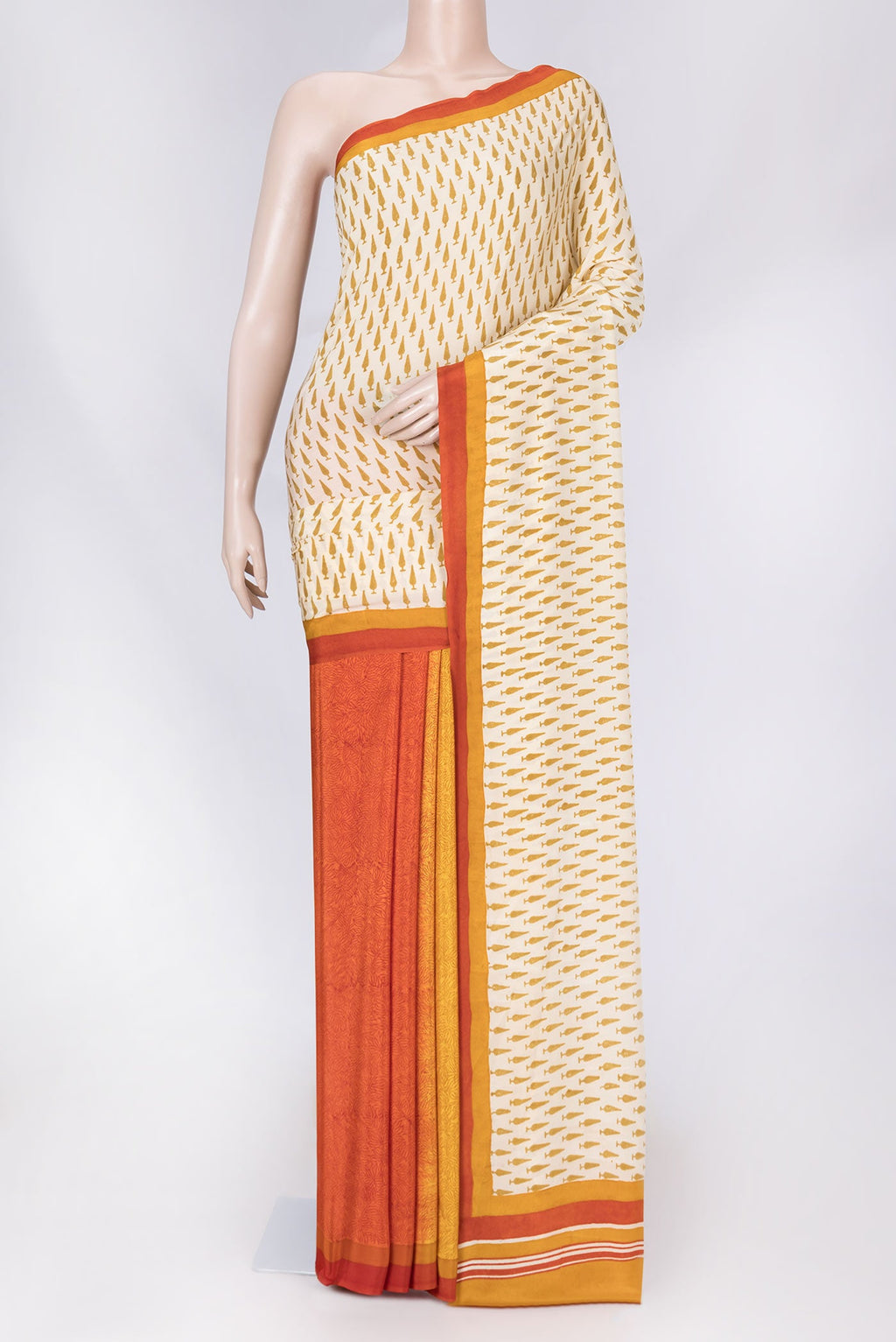 Beige Dual Tone Mysore Crepe Saree with Printed design on the body and Plain Border displayed on a mannequin