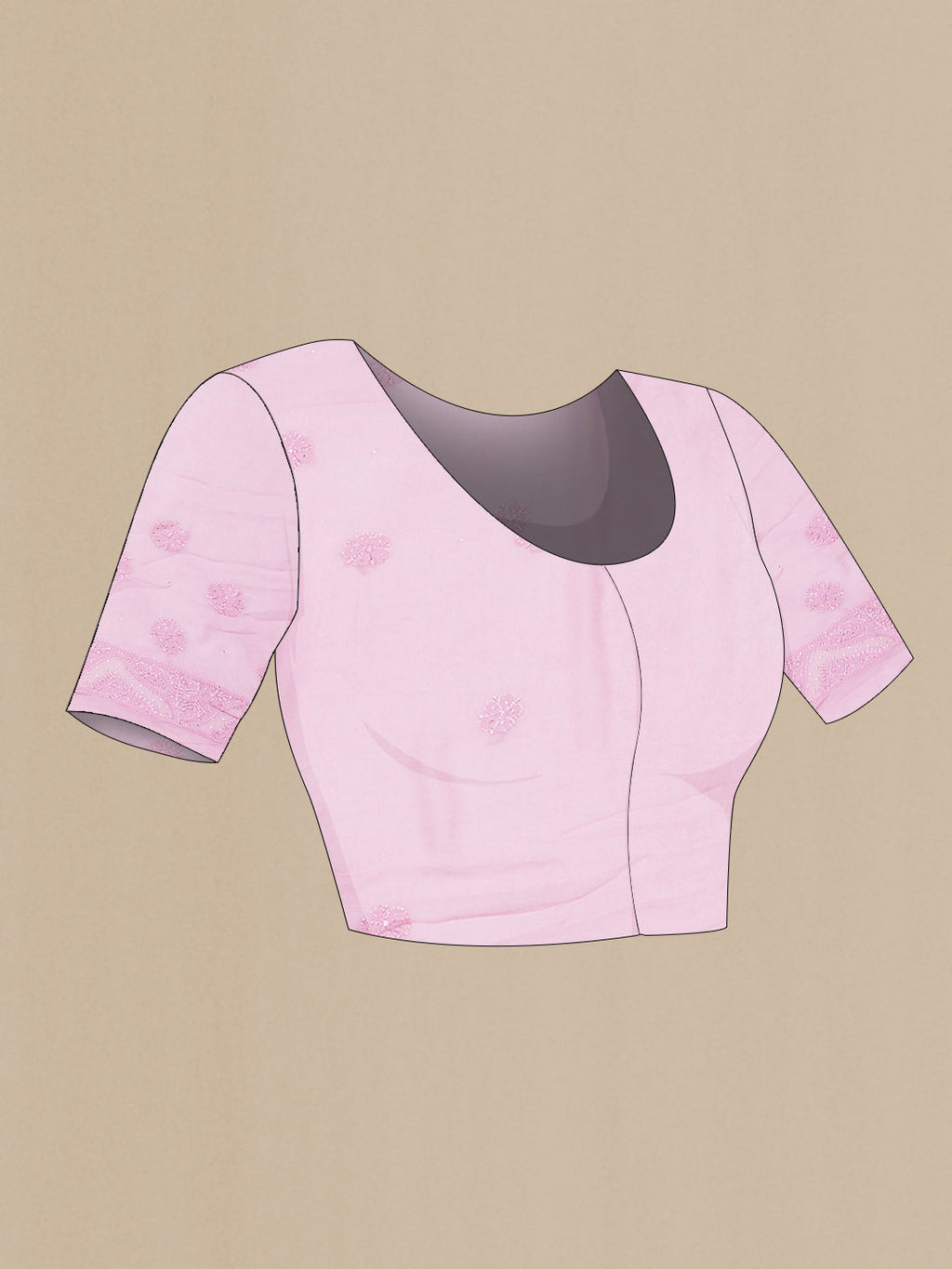 Close up image of the blouse of Pink Dual Tone Georgette Saree with Embroidery on the body and Embroidery Border. 