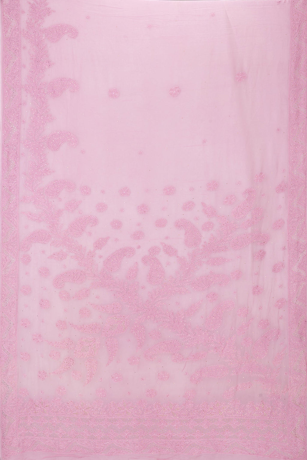 Flat view of Pink Dual Tone Georgette Saree with Embroidery on the body and Embroidery Border. 