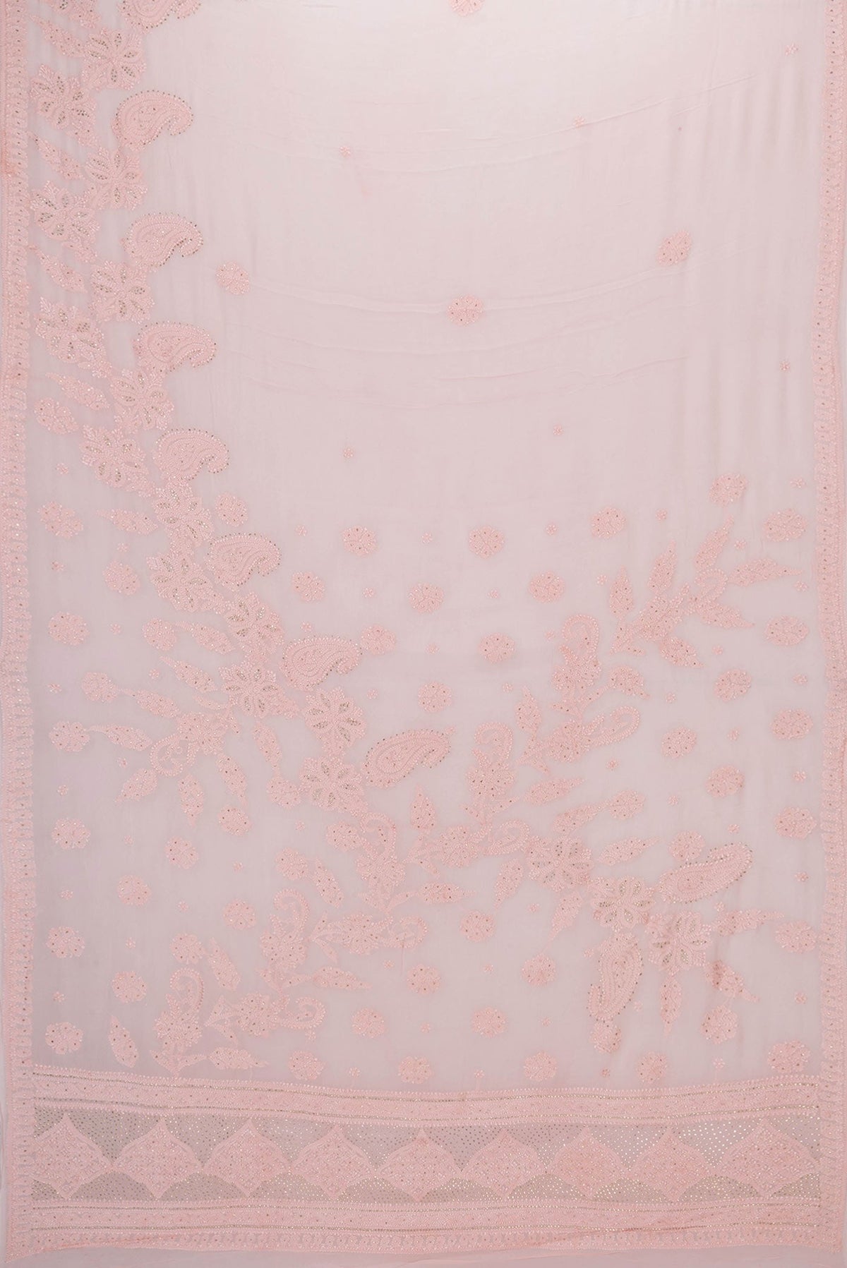 Flat view of Rose pink Dual Tone Mysore Georgette Saree with Embroidery on the body and Embroidery Border