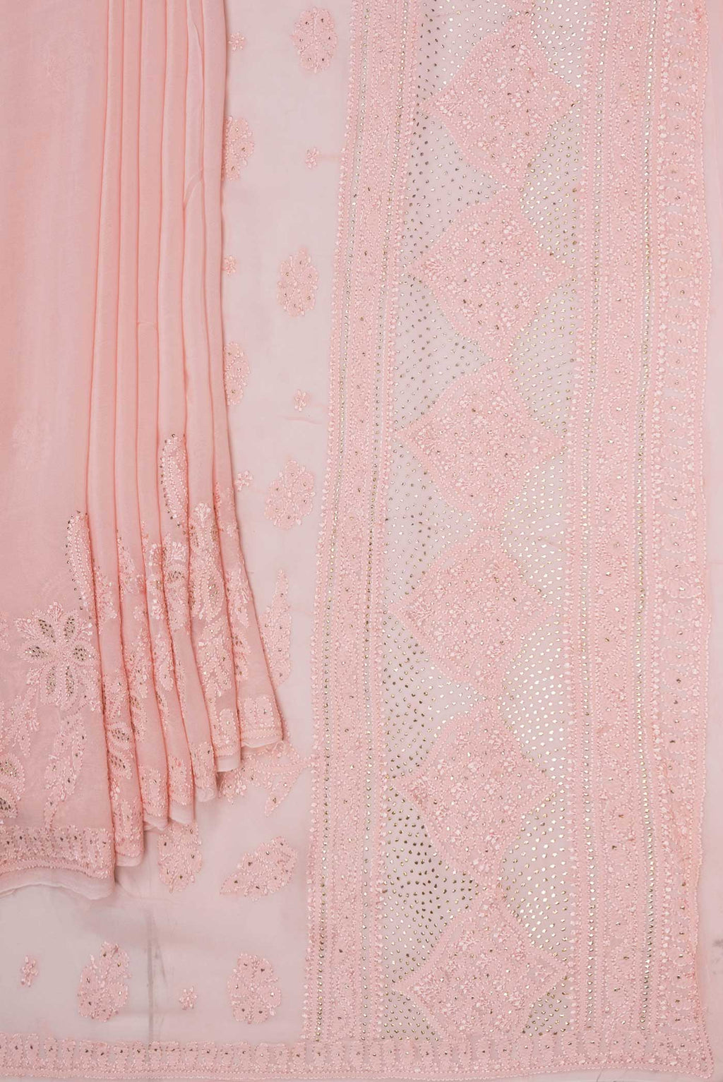 Pleats and pallu of Rose pink Dual Tone Mysore Georgette Saree with Embroidery on the body and Embroidery Border