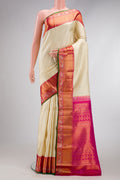 Sandal Dual Tone Kanchipuram Silk Saree with Zari Brocade on the body and Fancy Border.  displayed on a mannequin