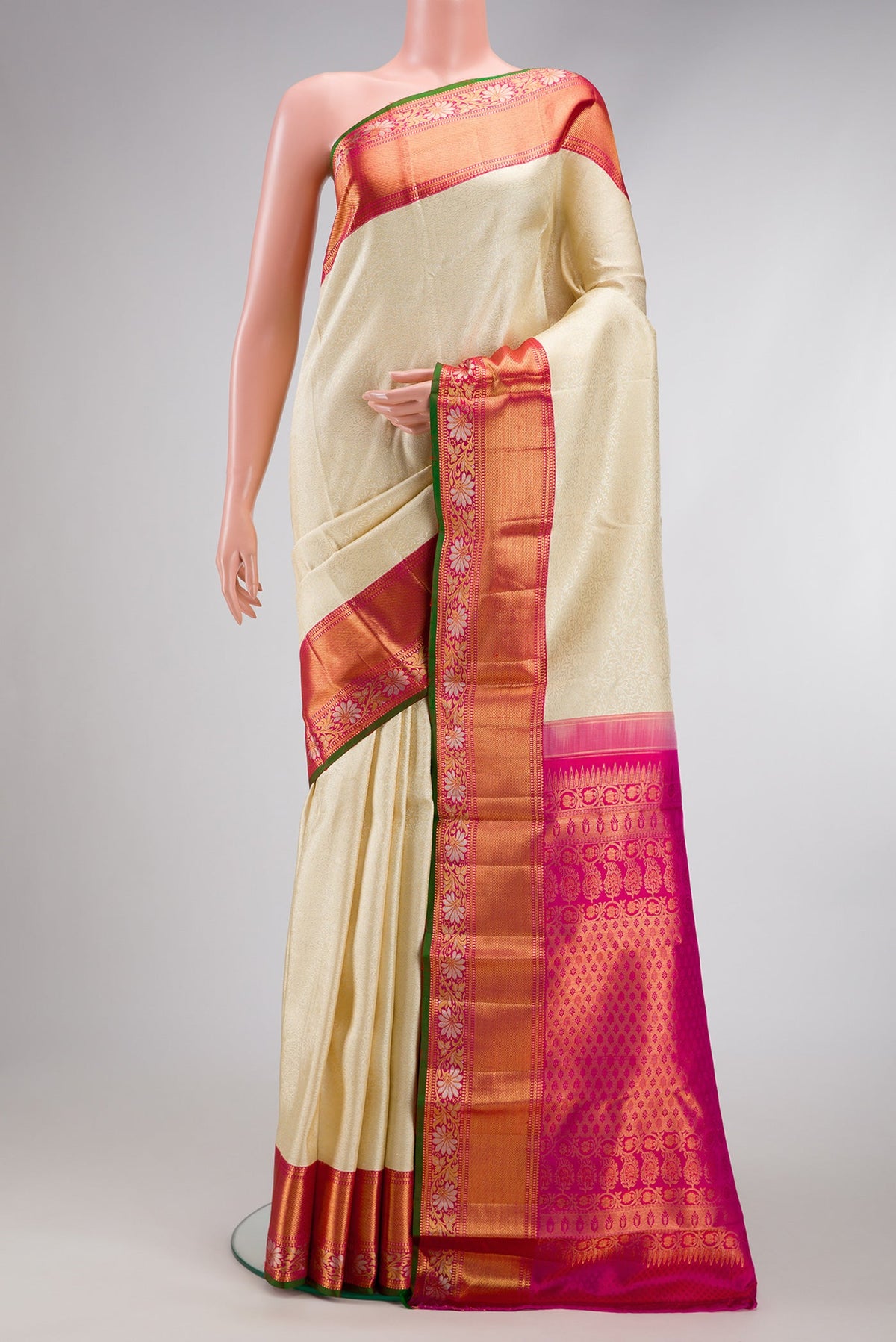 Sandal Dual Tone Kanchipuram Silk Saree with Zari Brocade on the body and Fancy Border.  displayed on a mannequin