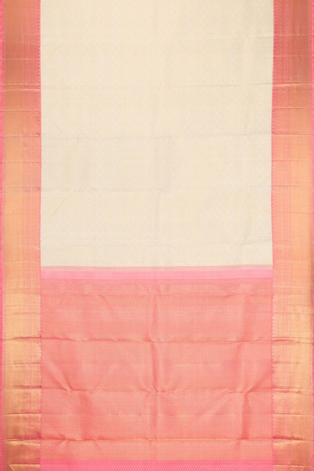 Flat view of Pure Silk Pure Zari Off White Dual Tone Kanjivaram Saree with Zari Brocade on the body and Zari Border. 