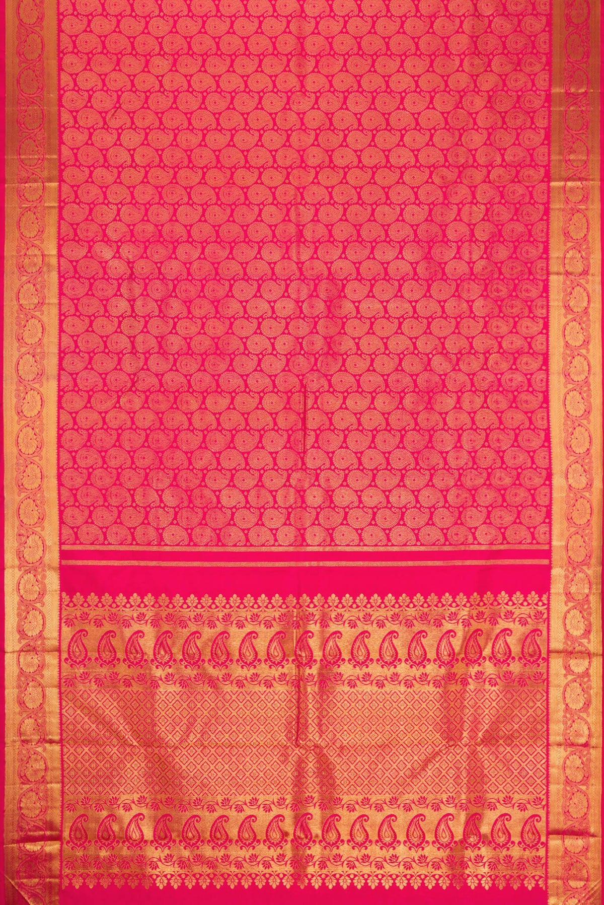 Flat view of Pure Silk Pure Zari Pink Dual Tone Kanjivaram Saree with Zari Brocade on the body and Zari Border. 