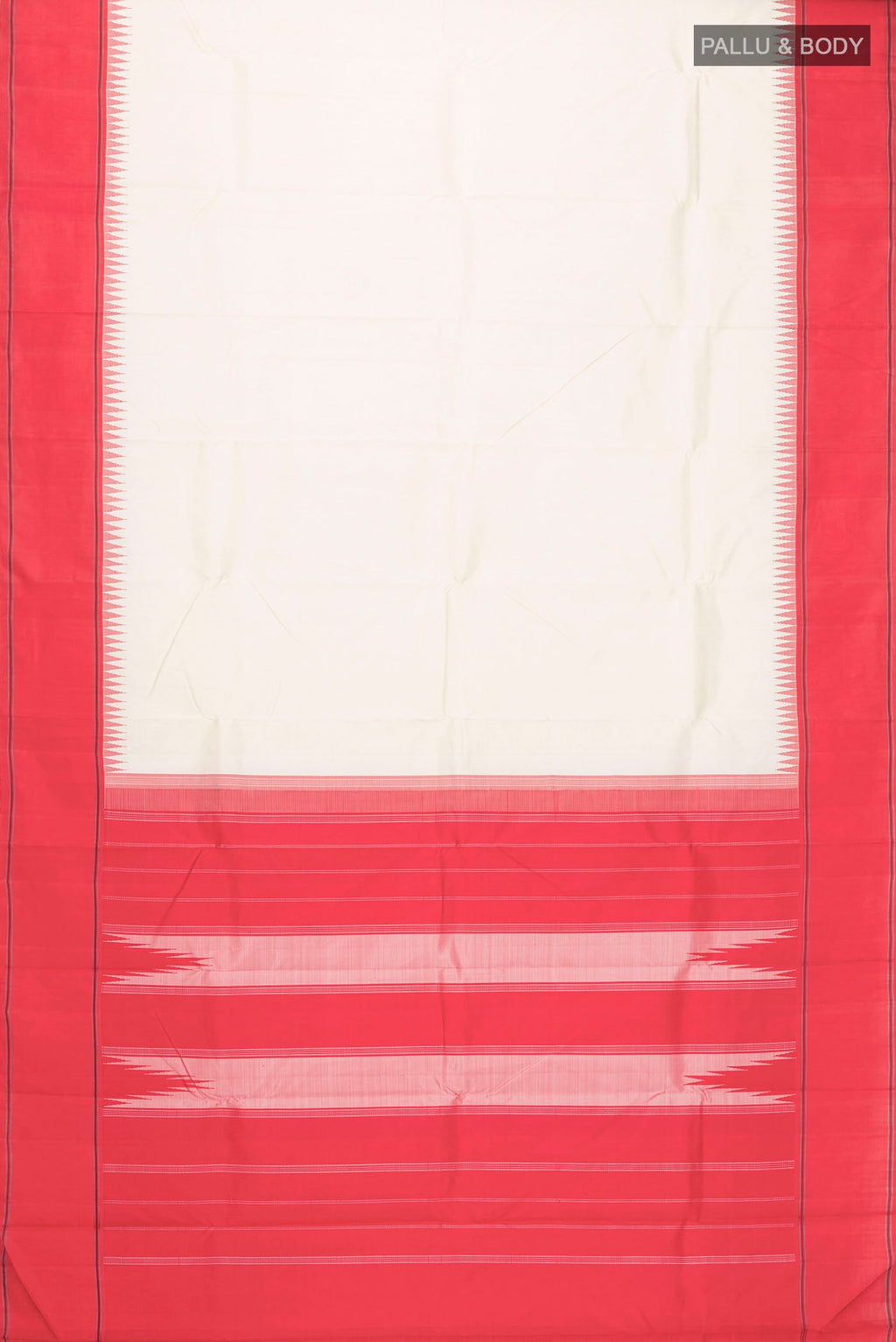 Flat view of Cream Kanchipuram Silk Saree with Plain Body and Temple Border