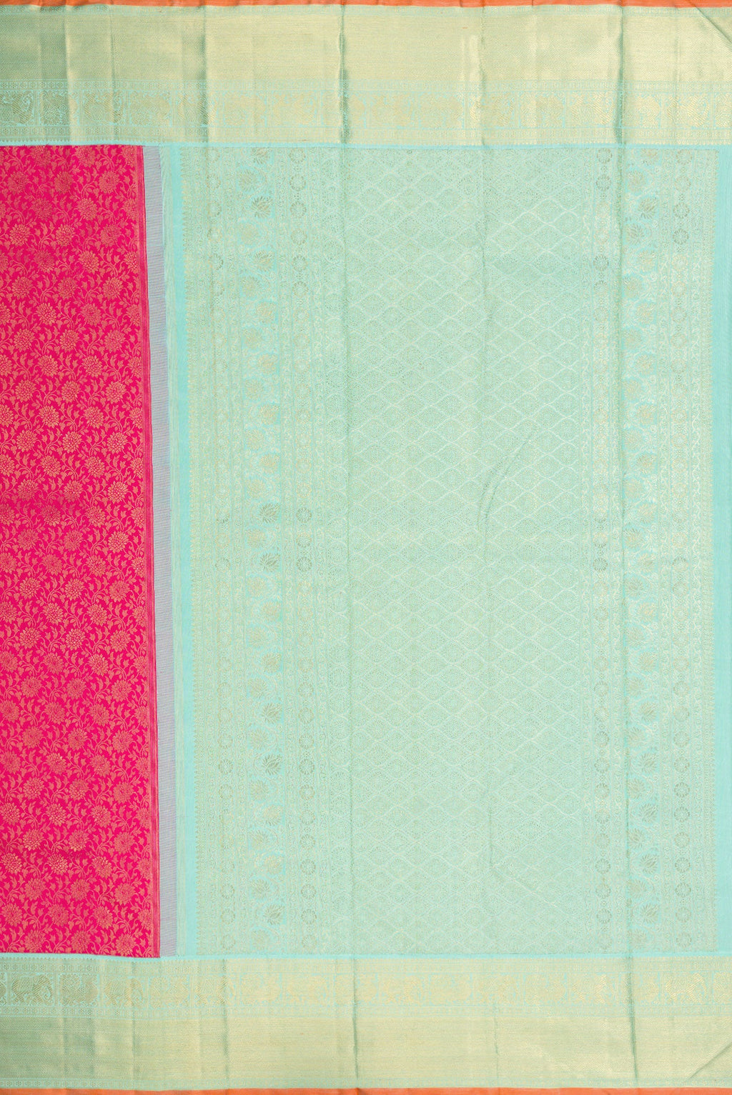 Close up image of the pallu of Pure Silk Pure Zari Dark Pink Dual Tone Kanjivaram Saree with Zari Brocade on the body and Zari Border. 