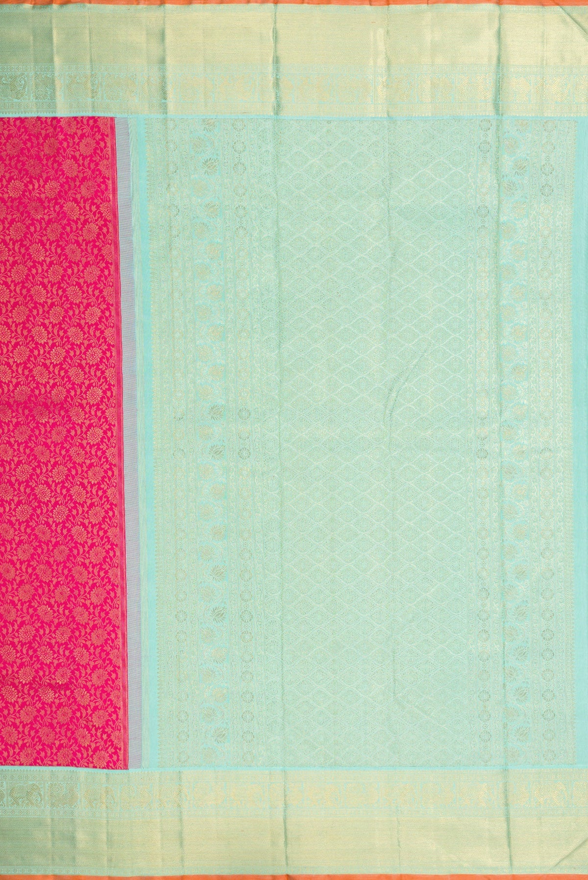 Close up image of the pallu of Pure Silk Pure Zari Dark Pink Dual Tone Kanjivaram Saree with Zari Brocade on the body and Zari Border. 