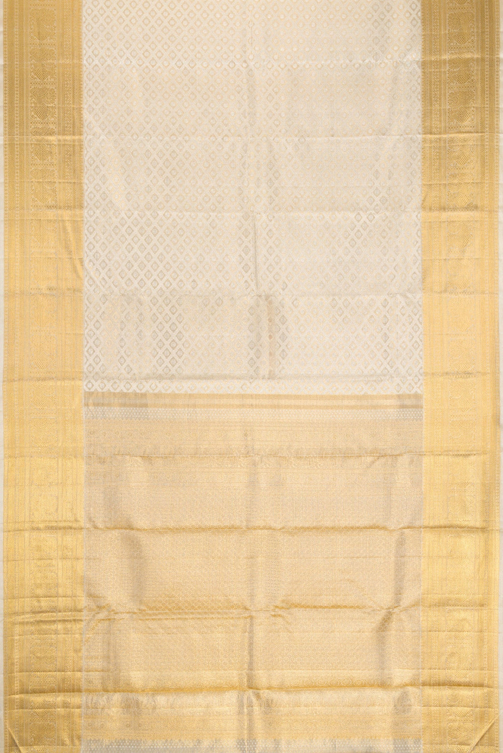 Flat view of Gold Dual Tone Kanjivaram Tissue Silk Saree with Zari Brocade on the body and Zari Border. 