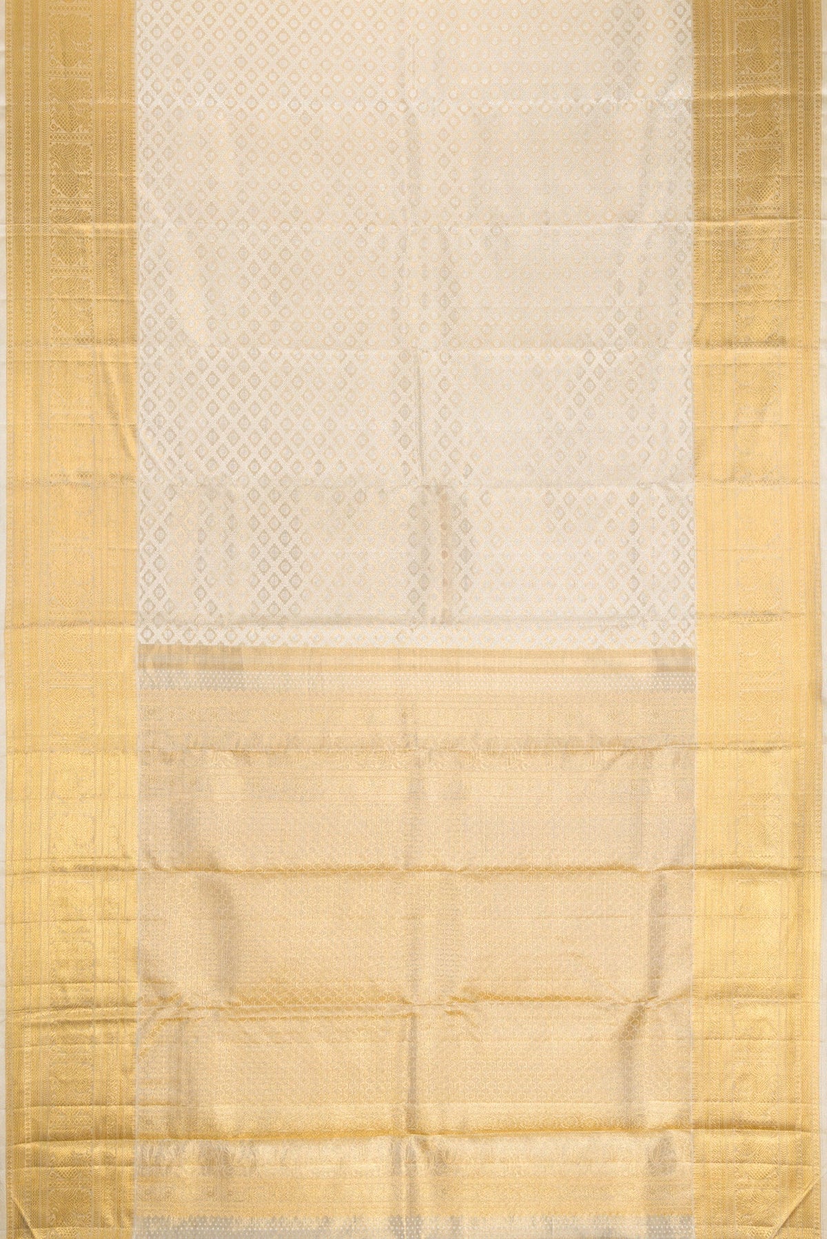 Flat view of Gold Dual Tone Kanjivaram Tissue Silk Saree with Zari Brocade on the body and Zari Border. 