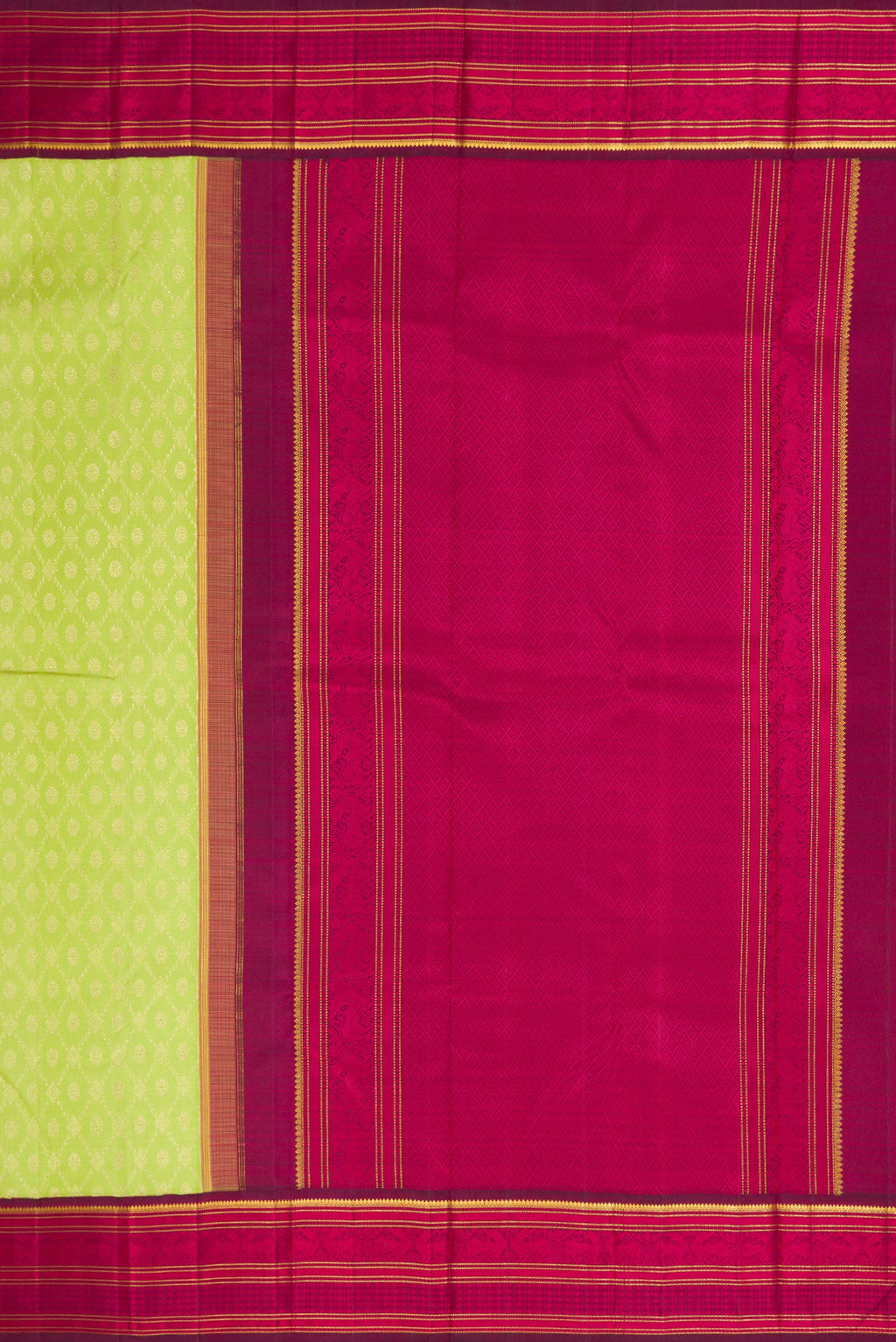 Close up image of the pallu of Light Green Dual Tone Kanchipuram Silk Saree with Zari Brocade on the body and Zari And Thread Border. 