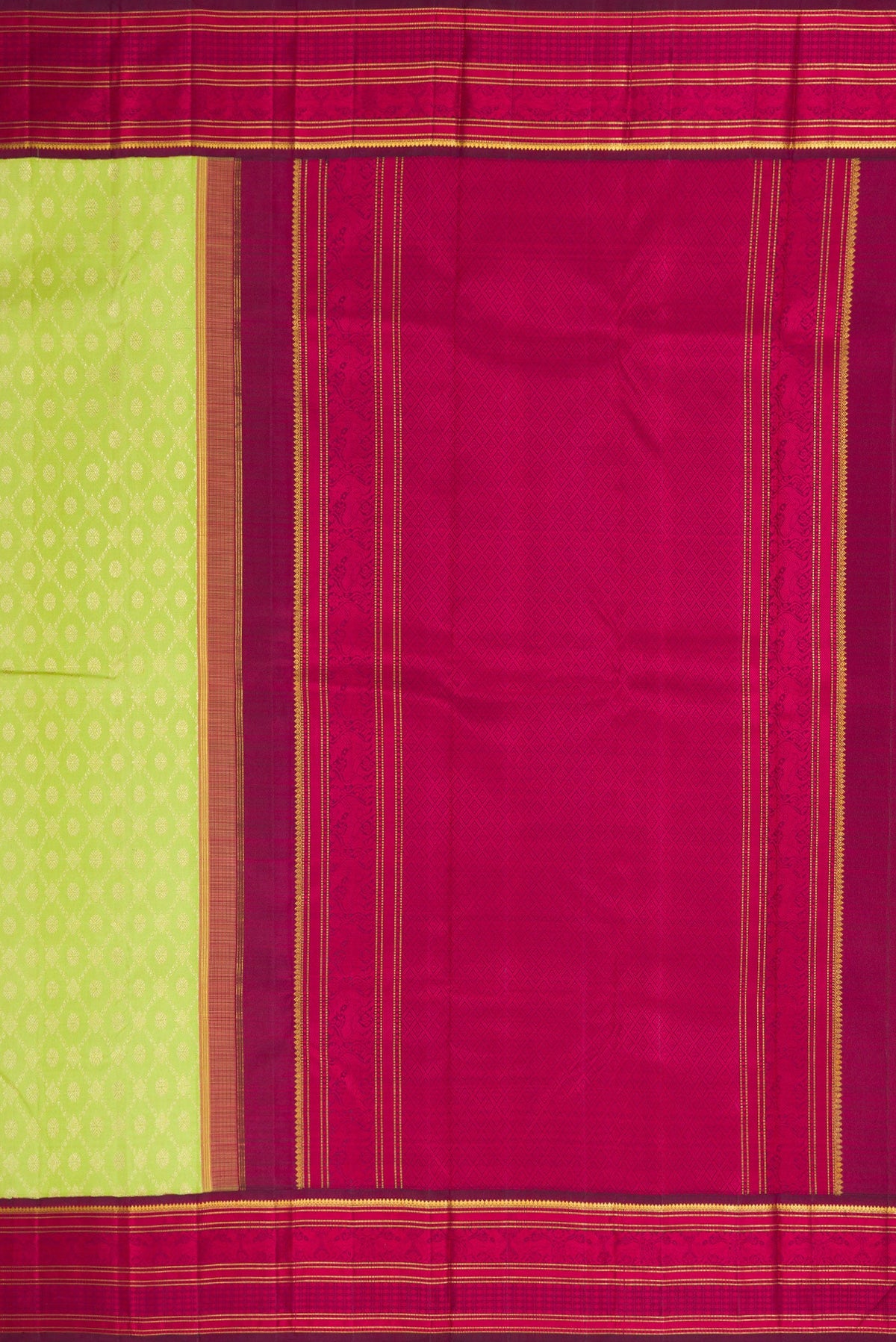 Close up image of the pallu of Light Green Dual Tone Kanchipuram Silk Saree with Zari Brocade on the body and Zari And Thread Border. 