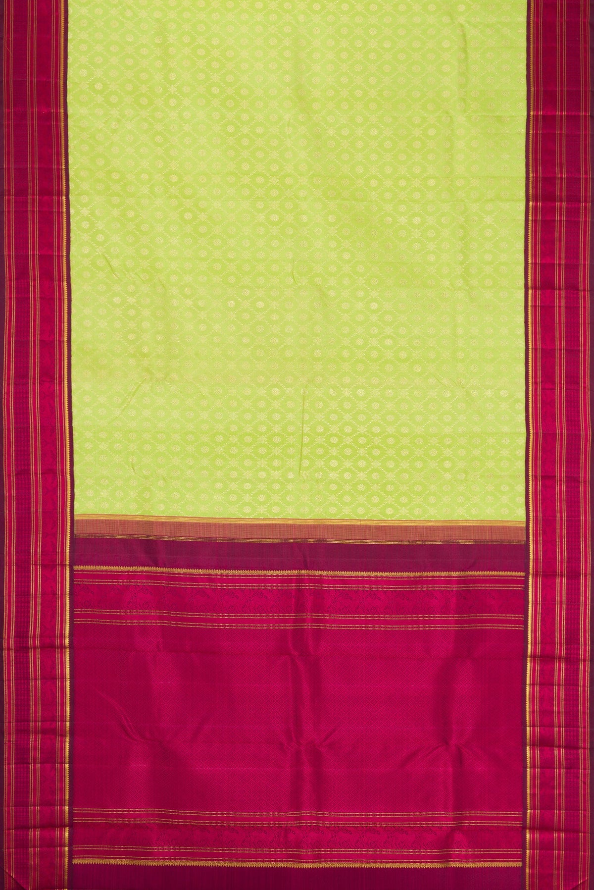 Flat view of Light Green Dual Tone Kanchipuram Silk Saree with Zari Brocade on the body and Zari And Thread Border. 