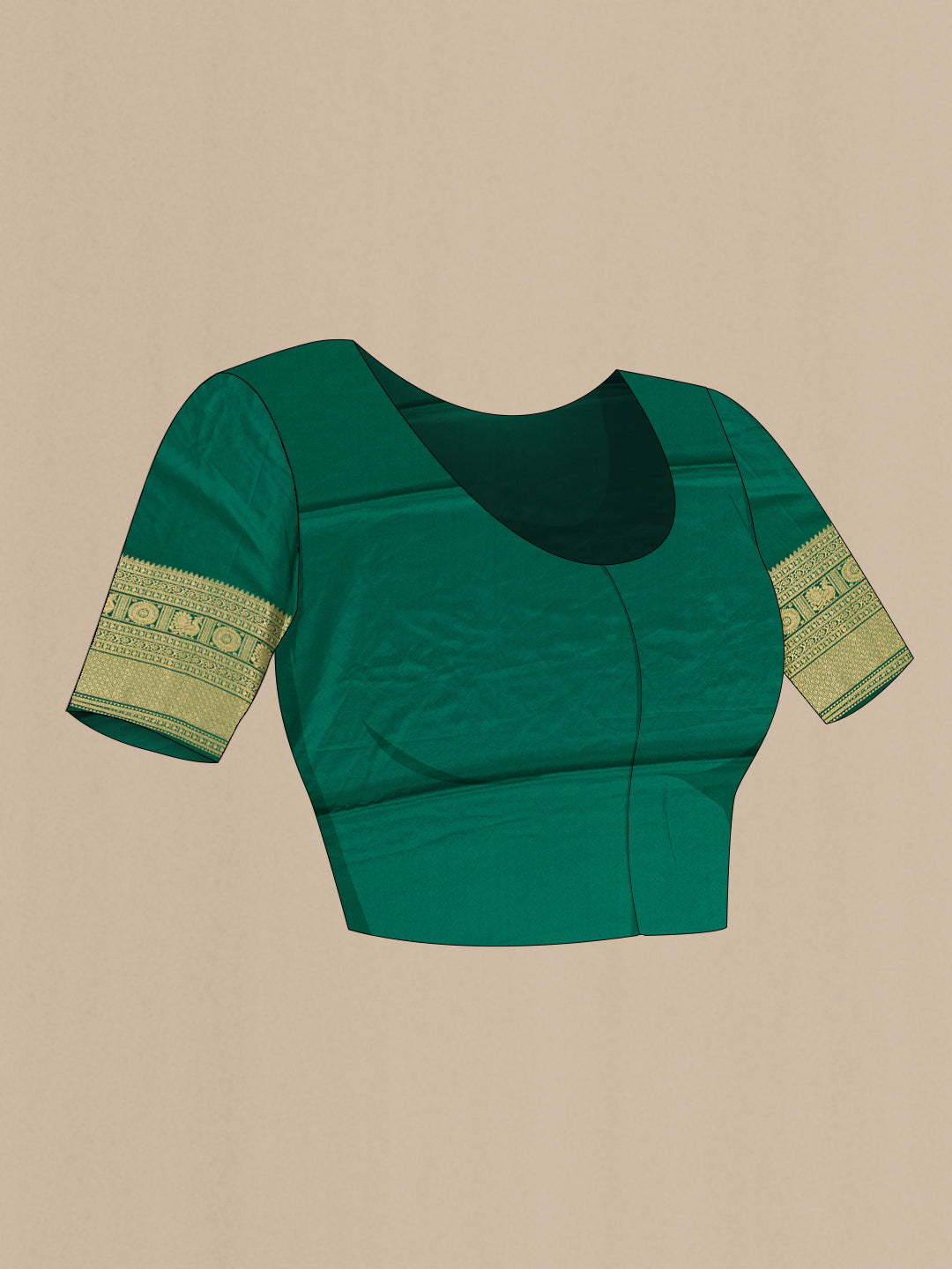 Close up image of the blouse of Bottle Green Dual Tone Mysore Georgette Saree with Zari Butta on the body and Zari Border. 