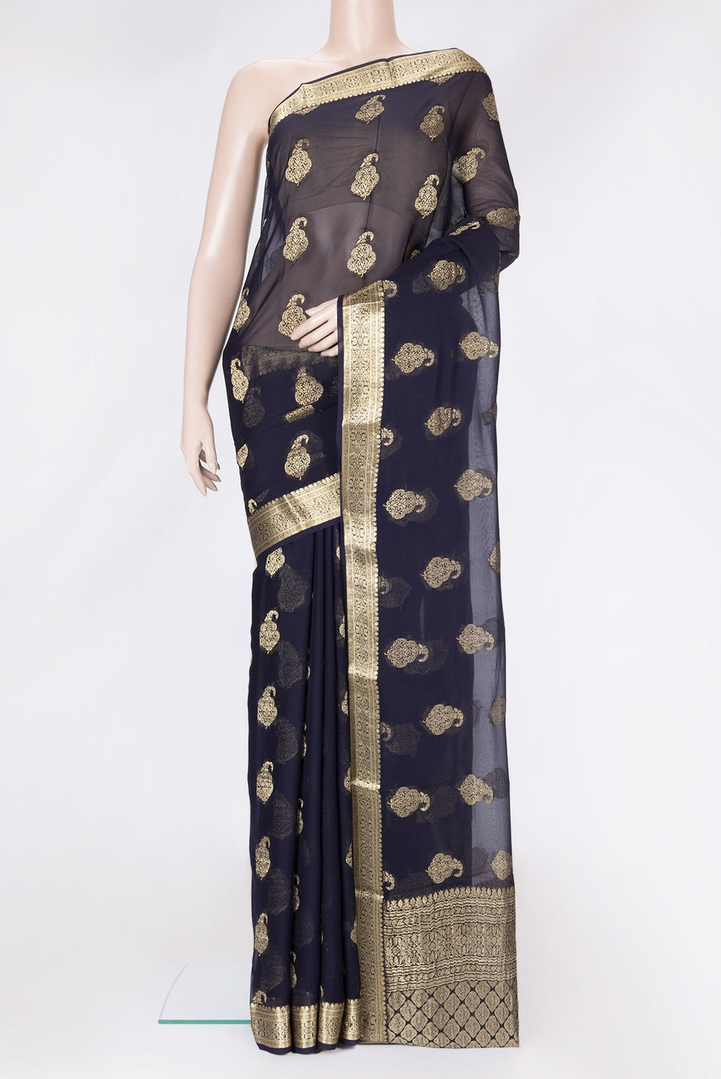 Navy Blue Dual Tone Mysore Georgette Saree with Zari Butta on the body and Zari Border.  displayed on a mannequin