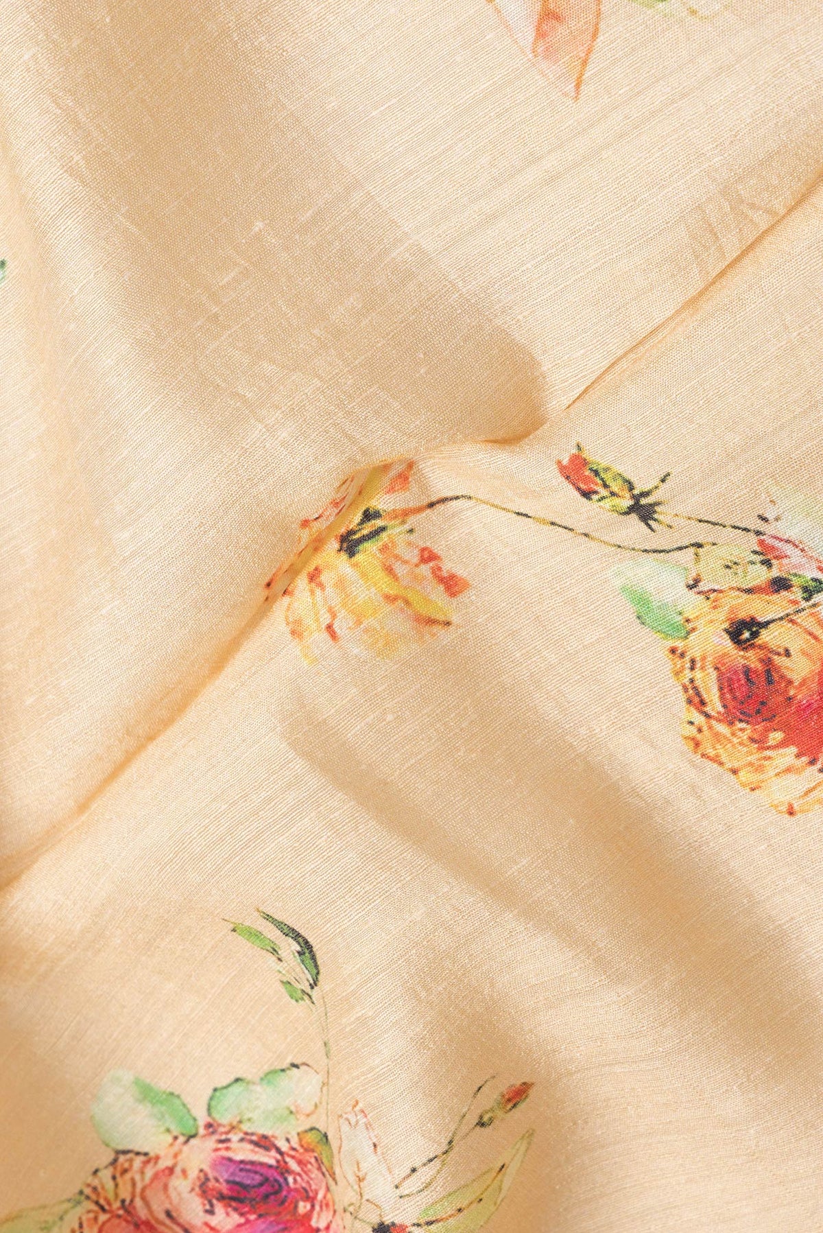 Close up of Sandal Dual Tone Tussar Silk Saree with Printed design on the body and Thread Border.  displaying folds