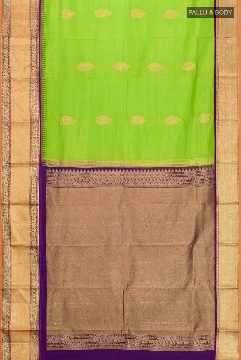 Flat view of Green Kanchipuram Silk Saree with Zari Butta on the body and Zari Border