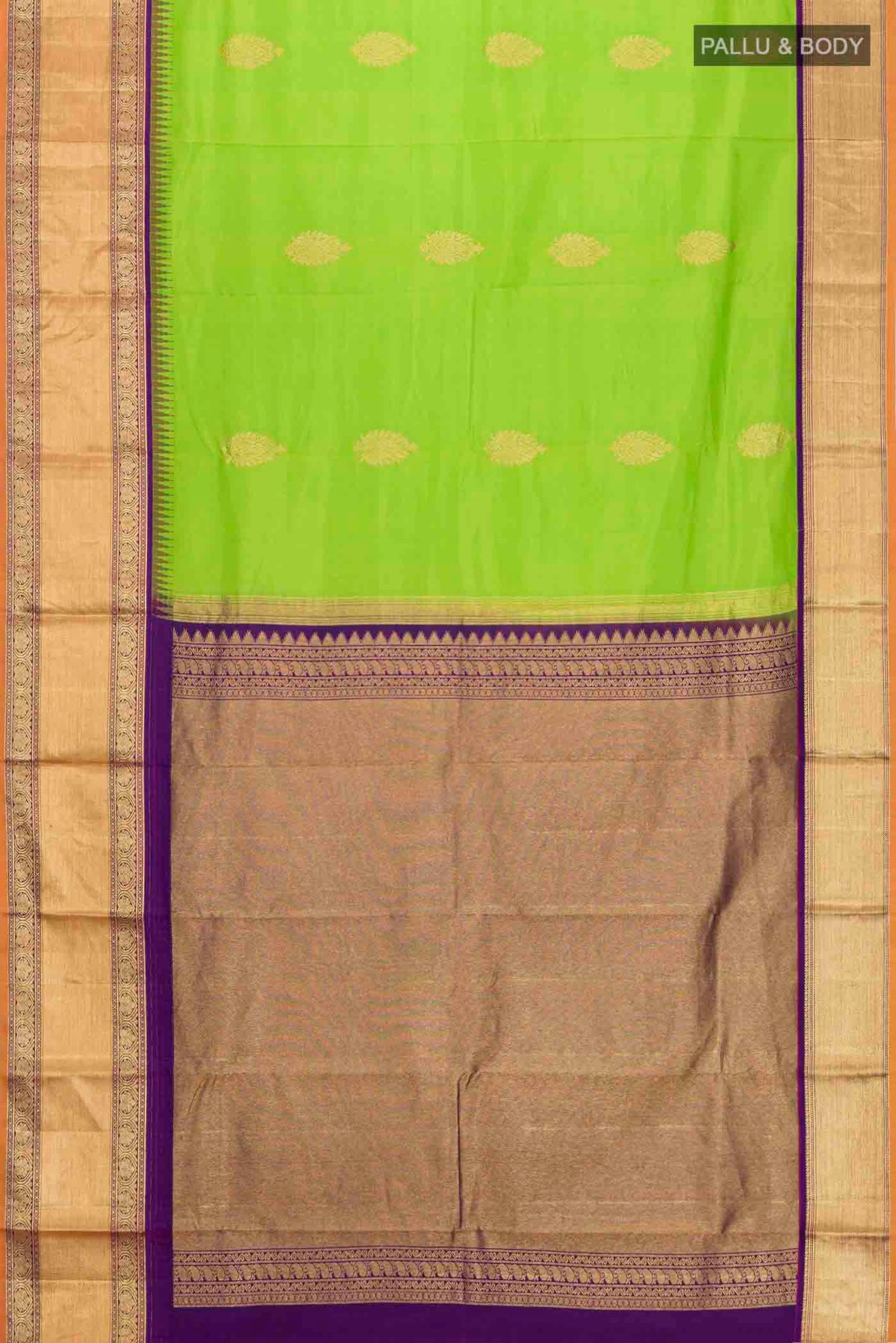 Flat view of Green Kanchipuram Silk Saree with Zari Butta on the body and Zari Border