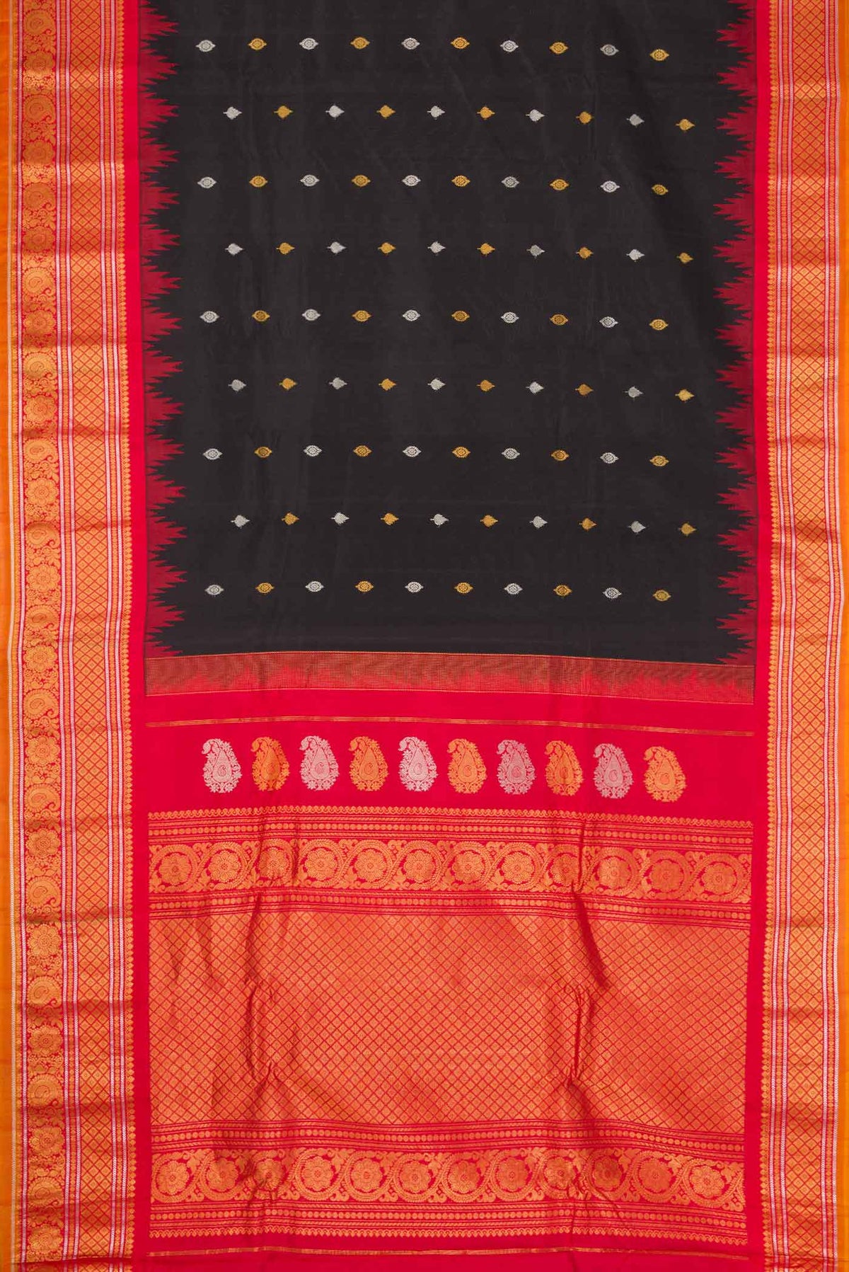 Flat view of Black Dual Tone Gadwal Silk Saree with Zari Butta on the body and Zari Border